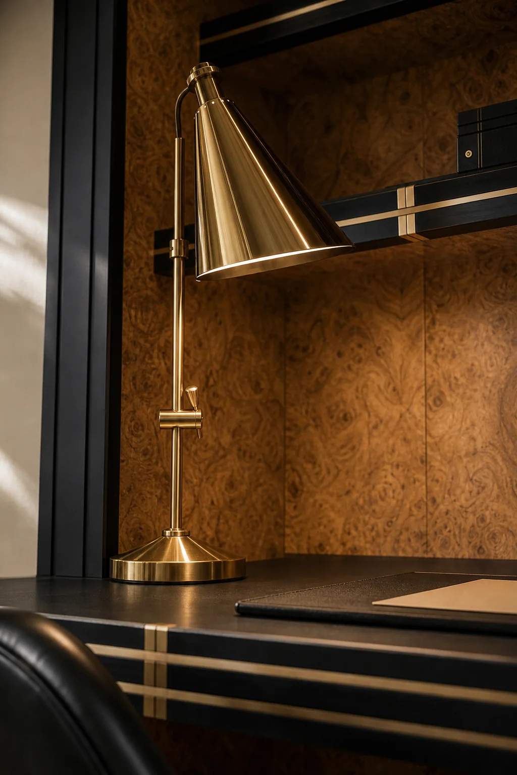 Balancing matte surfaces with polished accents in the finished writing desk alcove