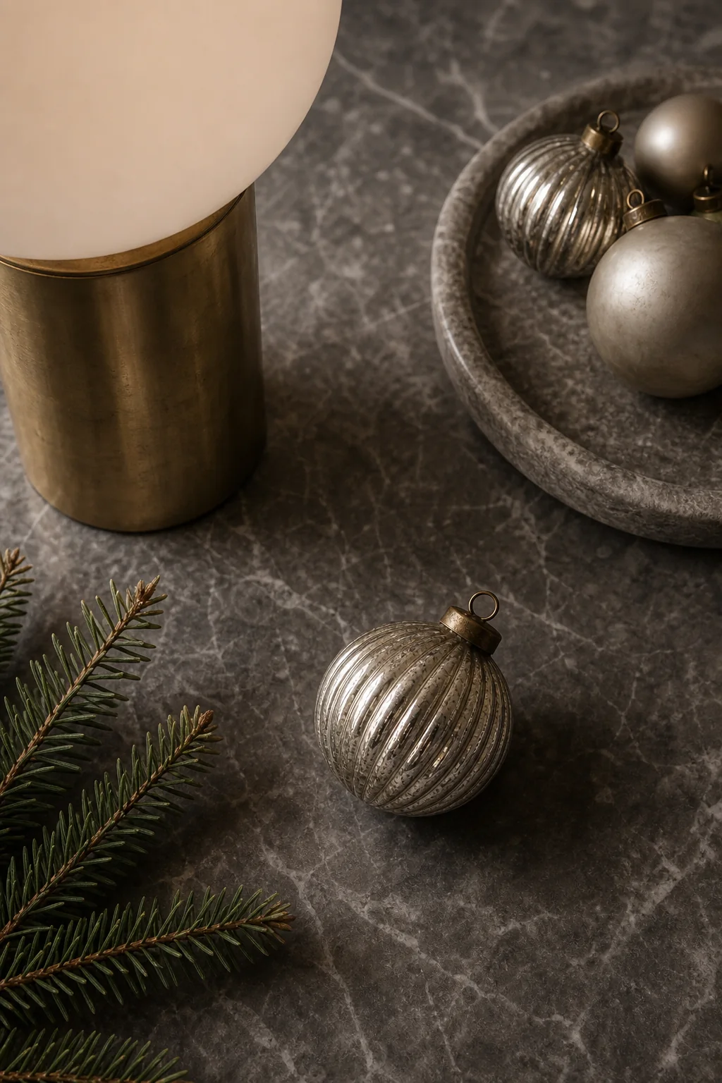 Anchoring the space with brass and spheres in the finished christmas tree corner