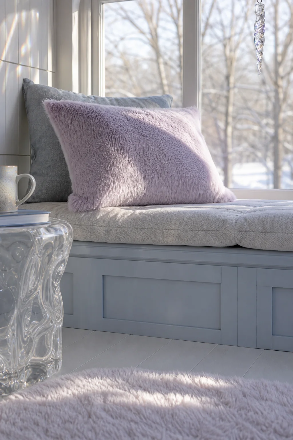 Lilac mohair against glacier blue in the finished winter porch nook