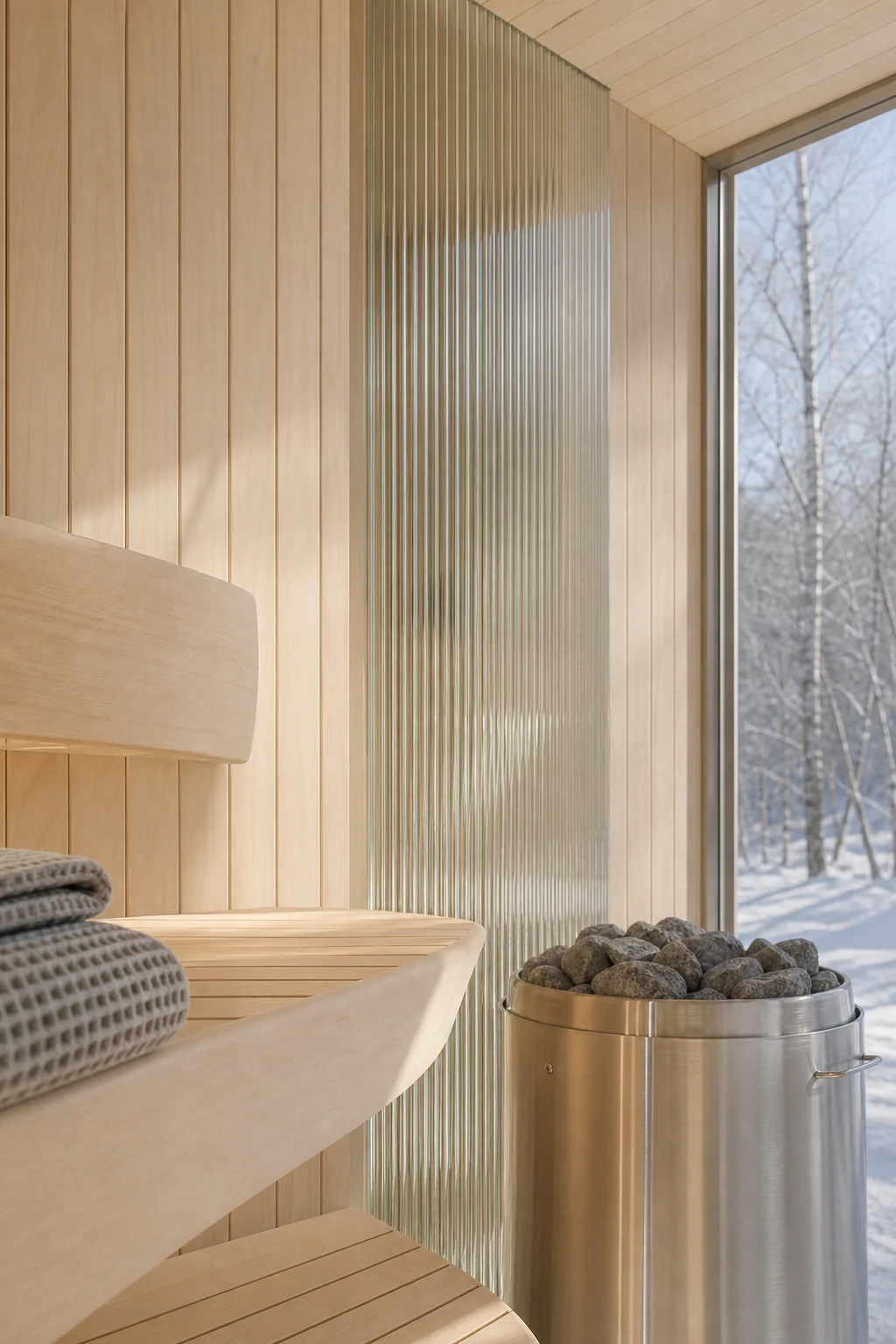 Balancing smooth and fluted surfaces in the finished outdoor sauna