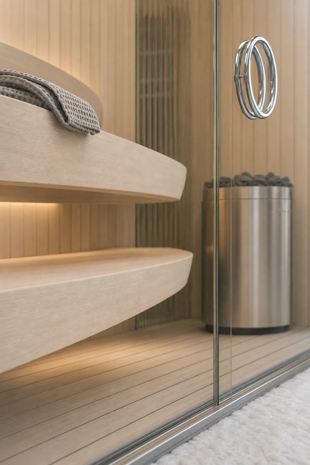 Reflective touchpoints in the finished outdoor sauna