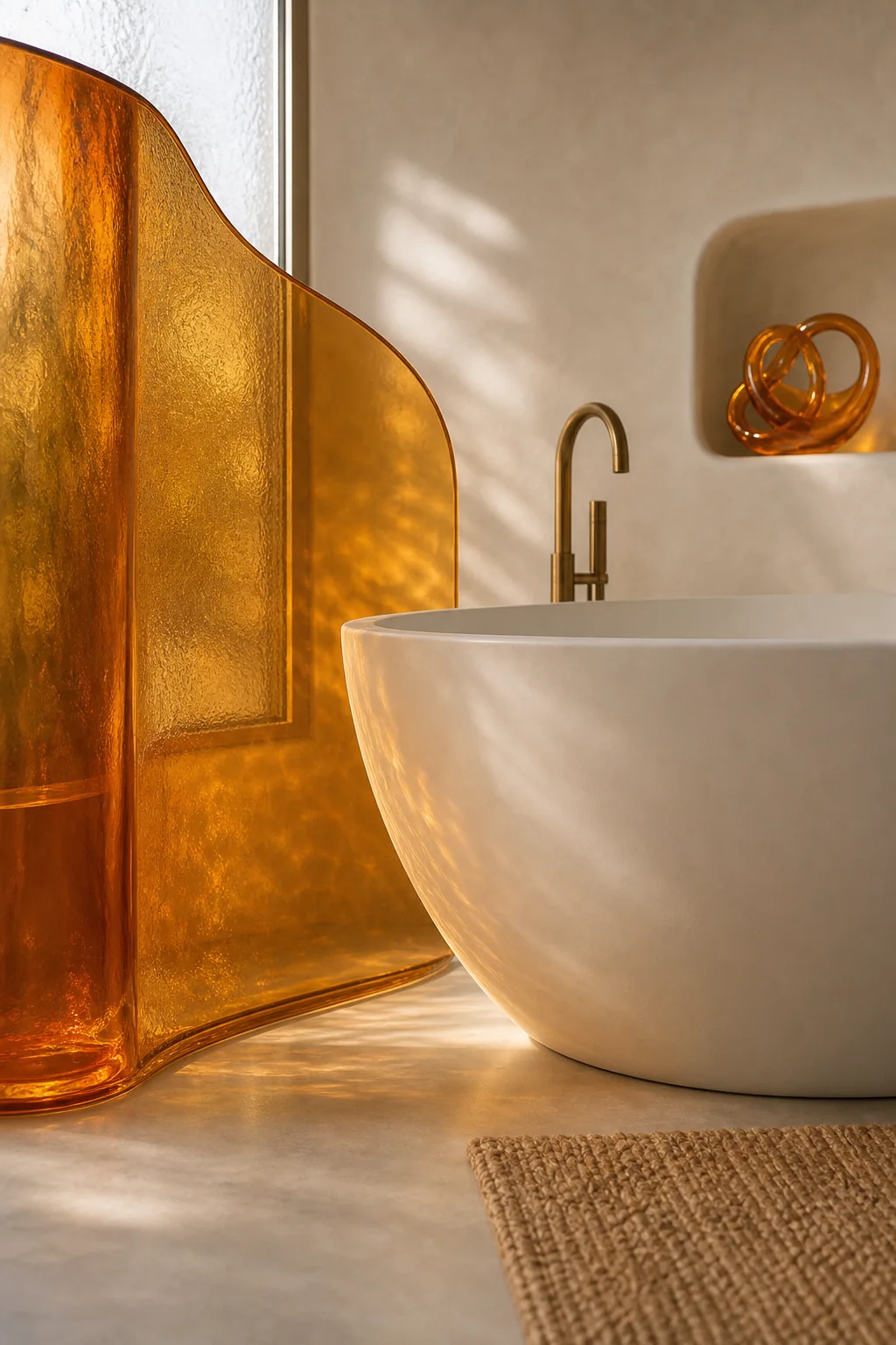 Projecting warmth through cast glass in the finished tub corner