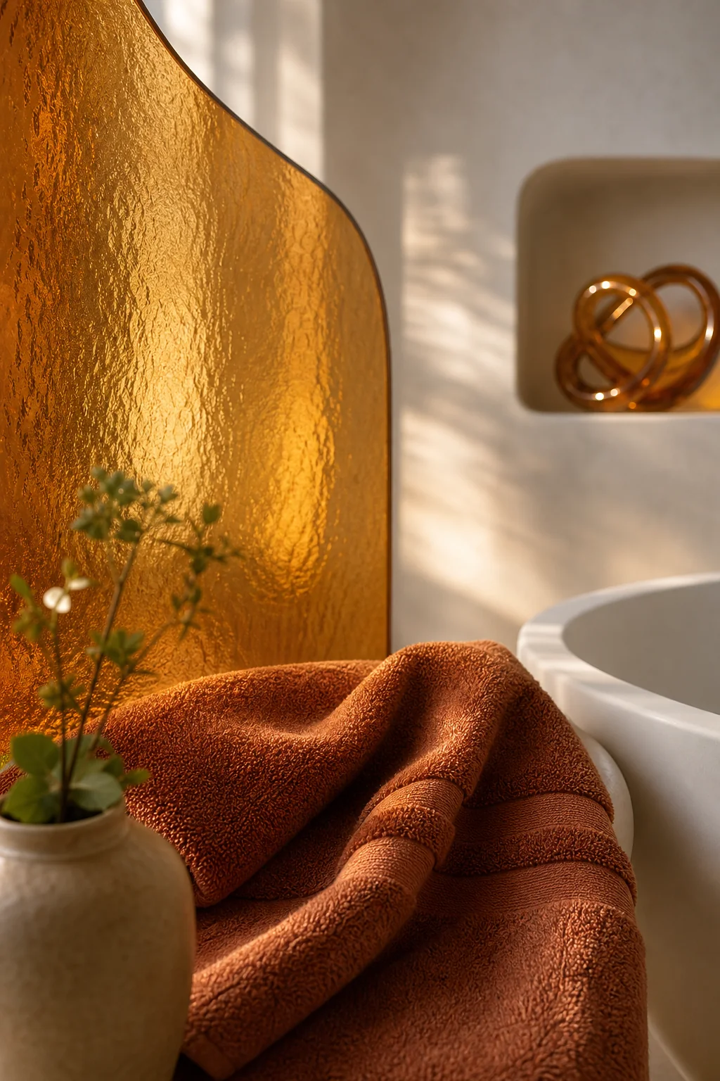 Catching light with refracted amber in the finished tub corner