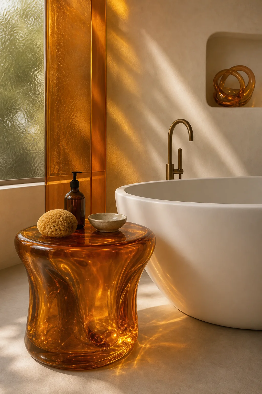 Grounding the space with glossy translucence in the finished tub corner