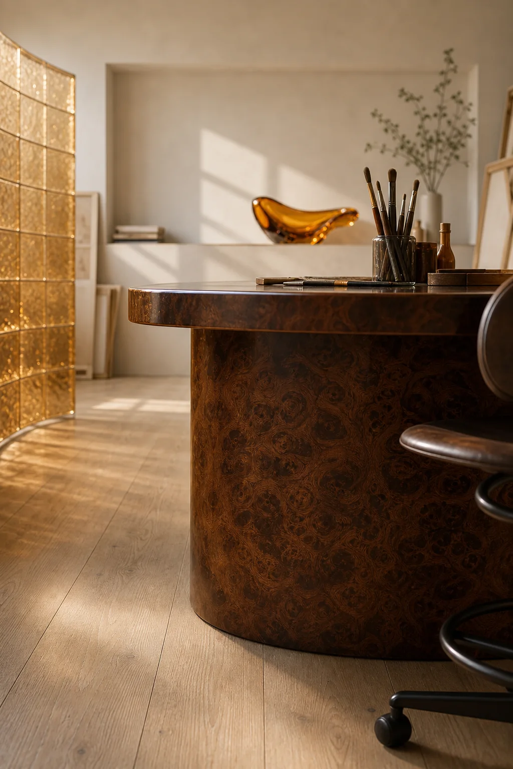 Anchoring the Room with Deep Burl in the finished art studio