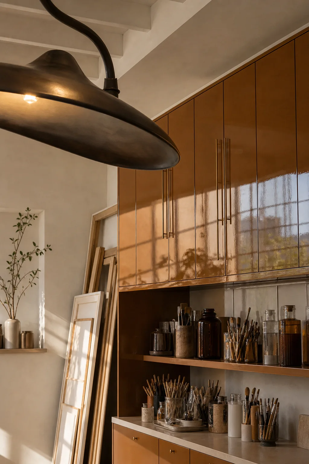 Contrasting Molten Gloss with Matte Plaster in the finished art studio
