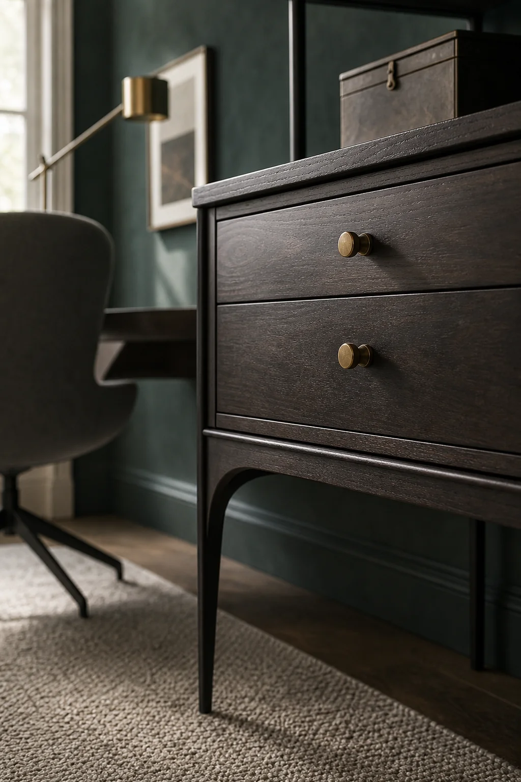 The warmth of worn metals in the finished home office