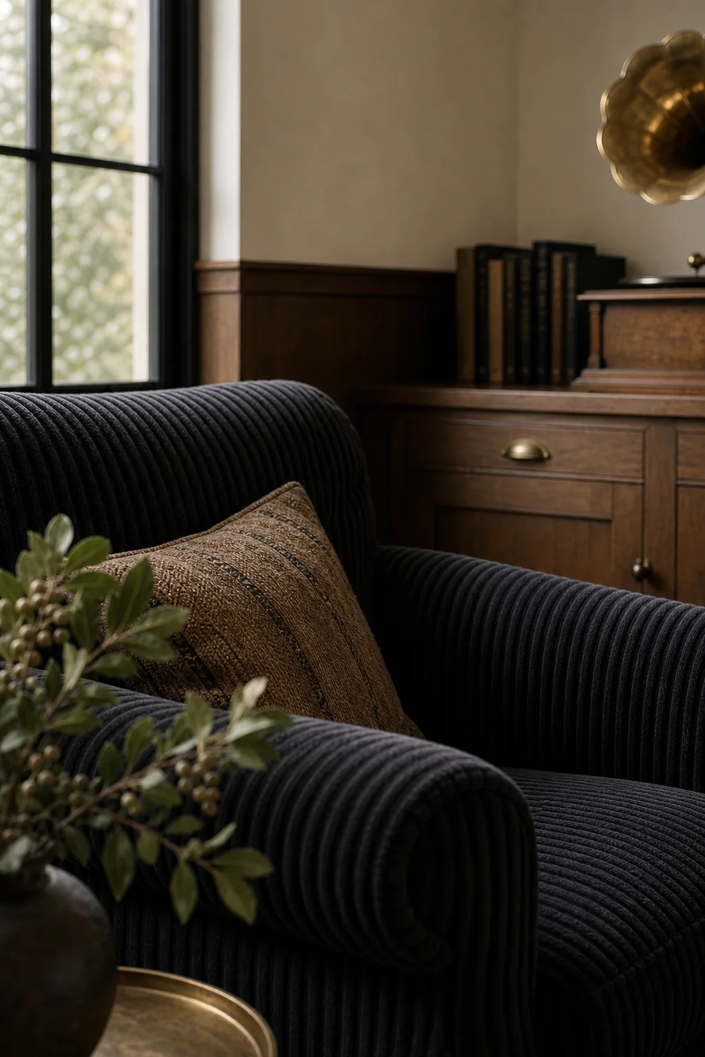 Balancing matte black and gleaming brass in the finished study