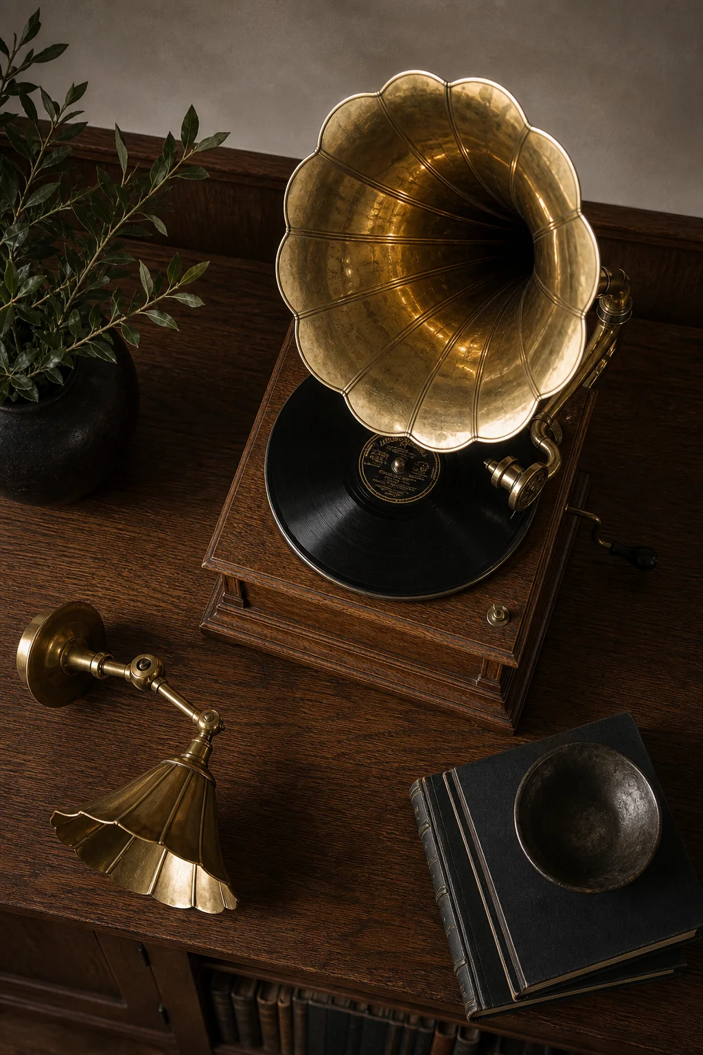 Suspending flared brass above the reading nook in the finished study