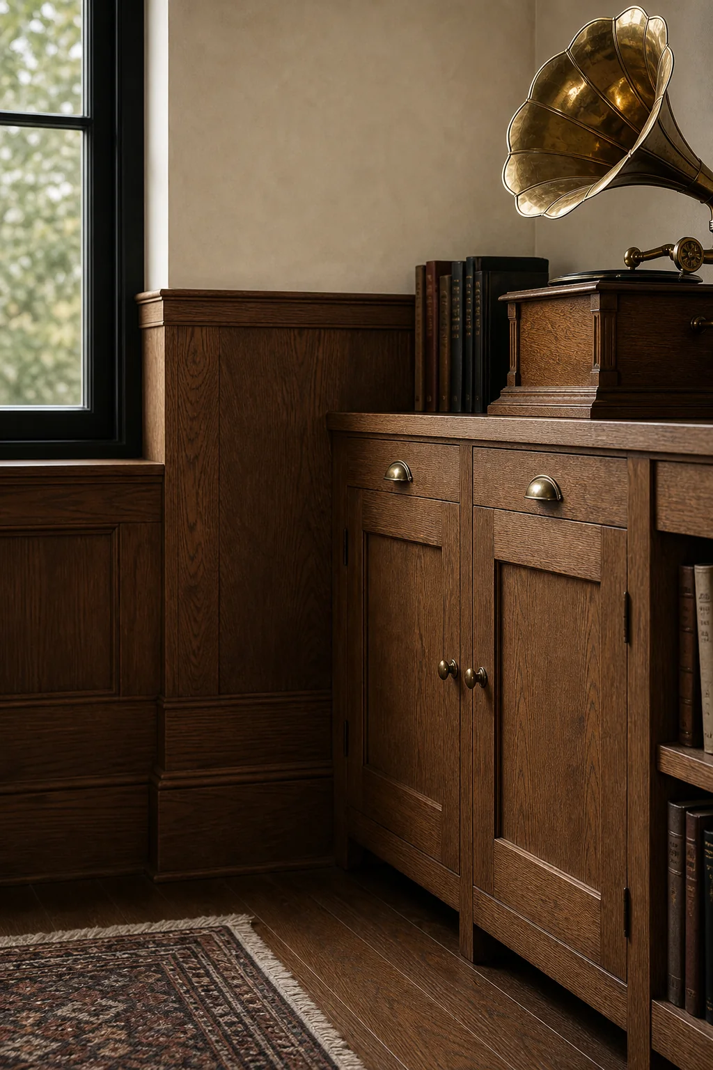 Anchoring the room with quartersawn oak in the finished study
