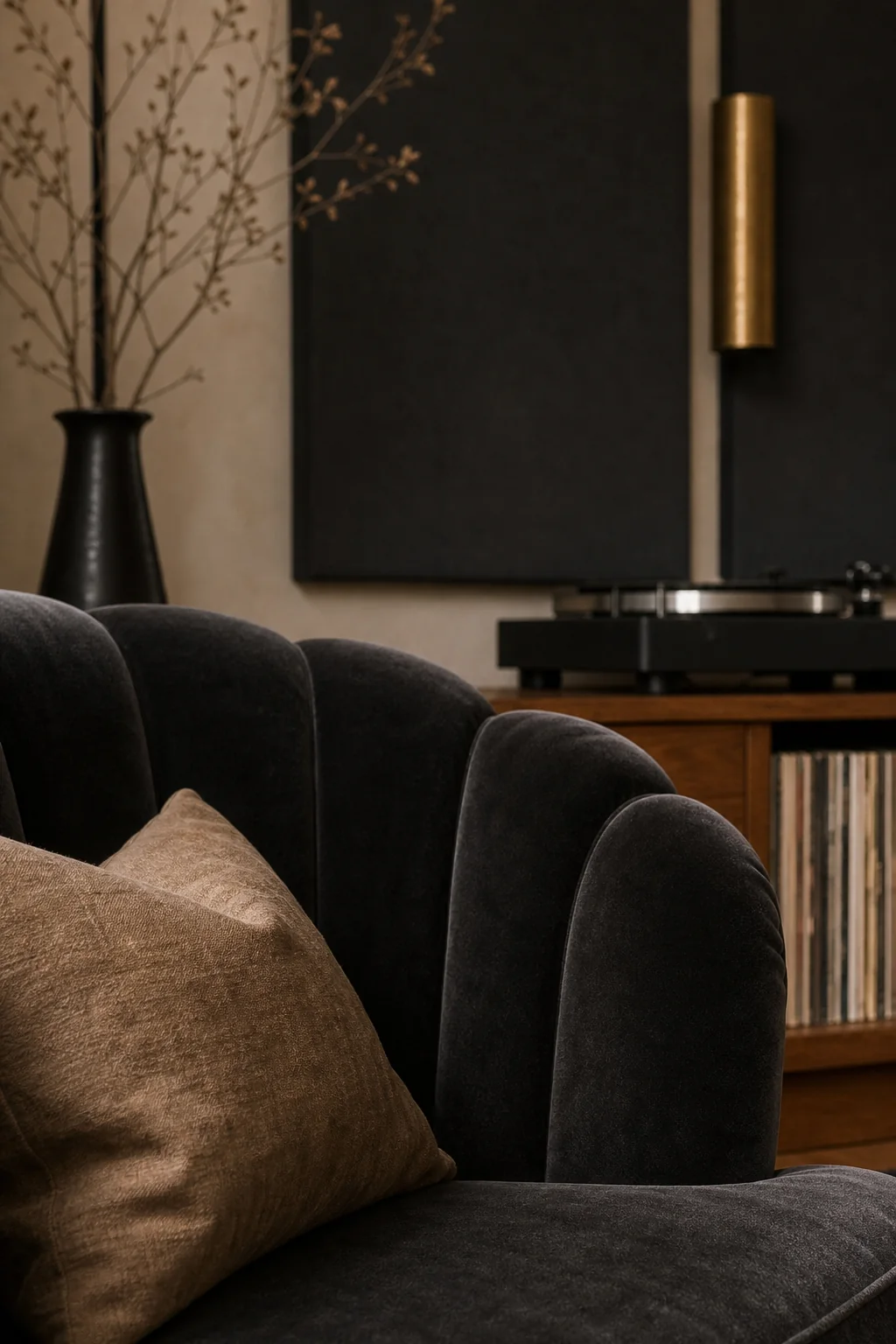 Balancing matte charcoal and burnished brass in the finished listening room