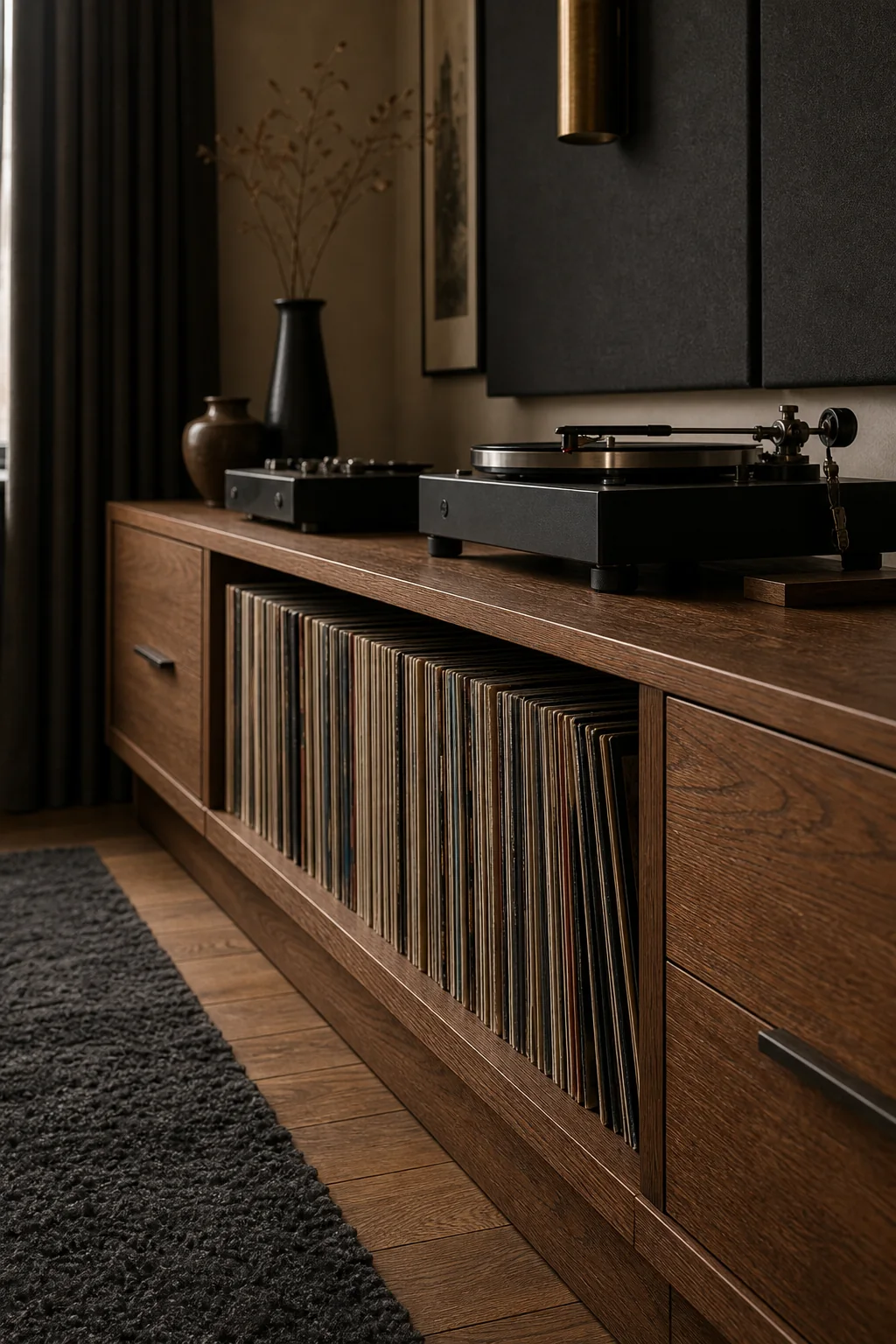 Anchoring the room with quarter-sawn oak in the finished listening room