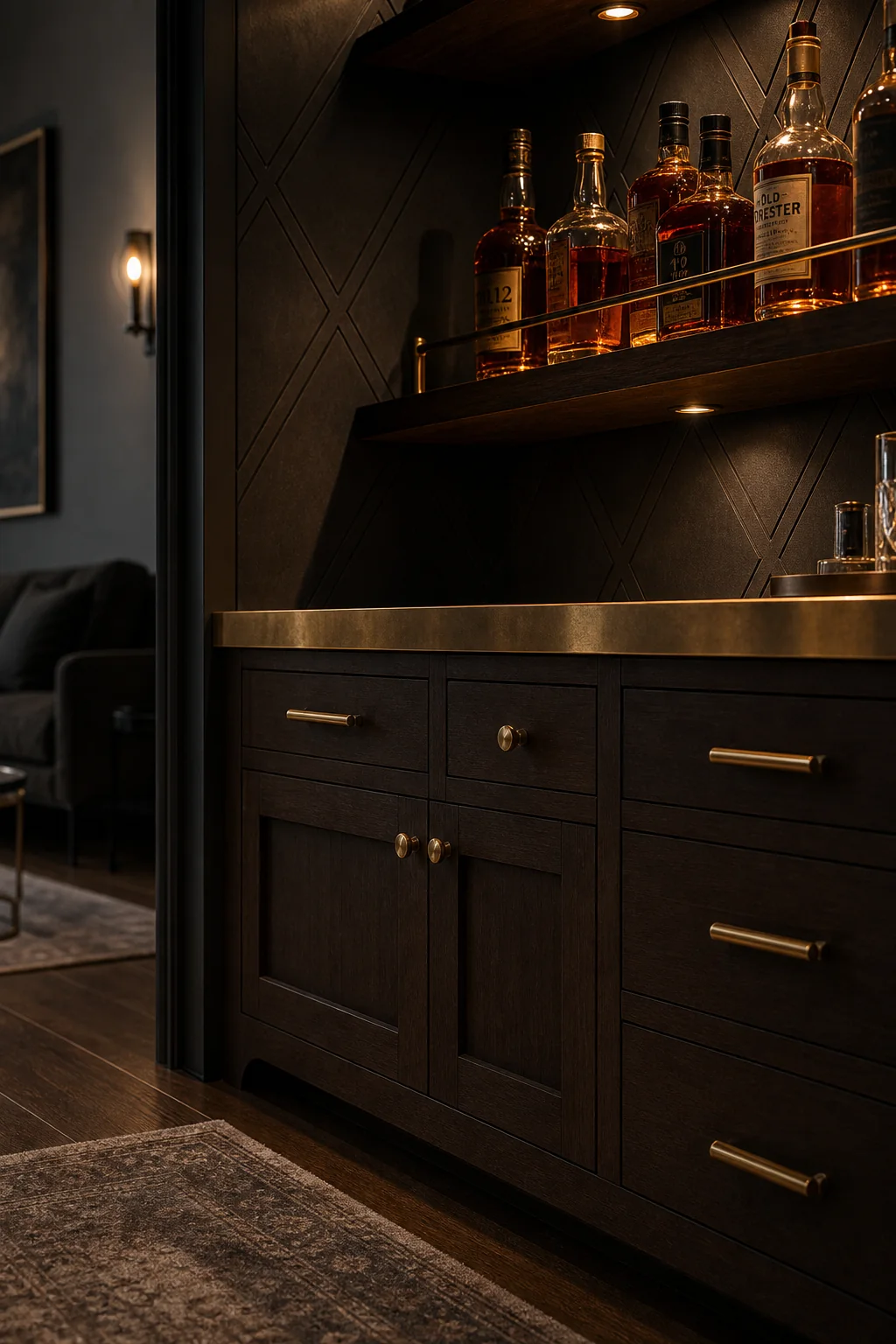 Illuminating the amber accents in the finished cocktail corner bar