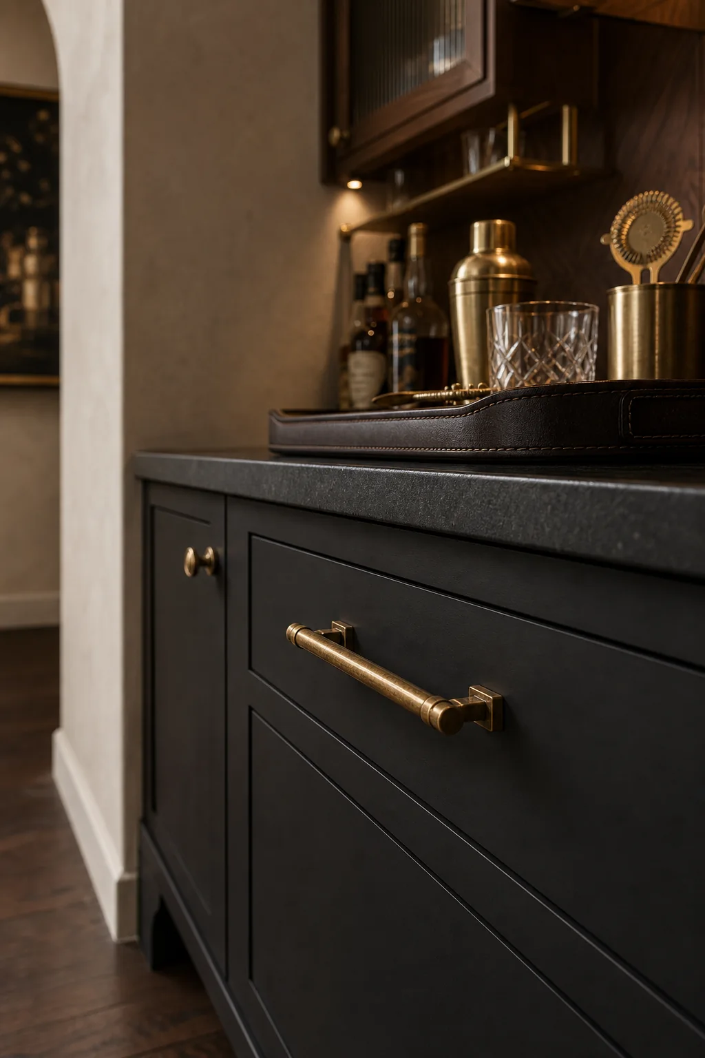 Aged brass against dark matte surfaces in the finished home bar nook