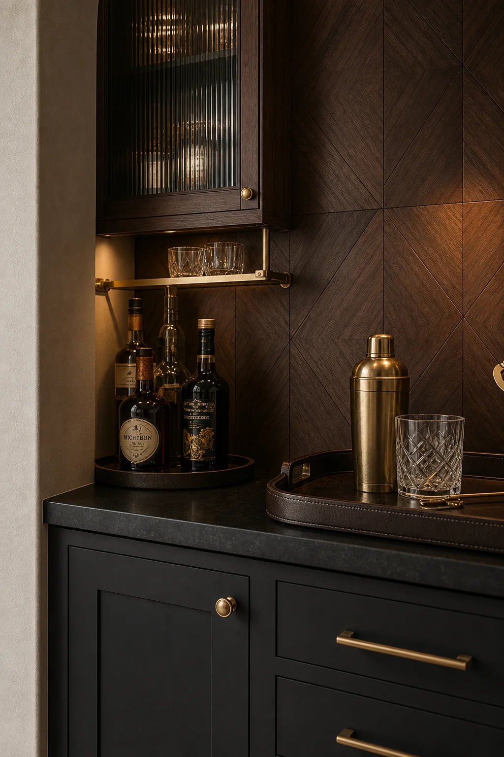 Setting the geometric stage in the finished home bar nook