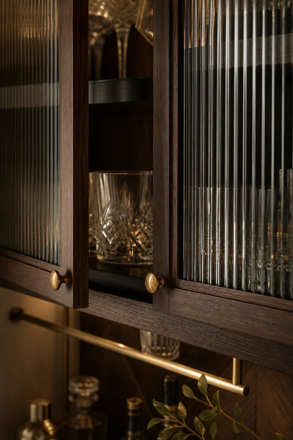 Ribbed glass and crystal reflections in the finished home bar nook