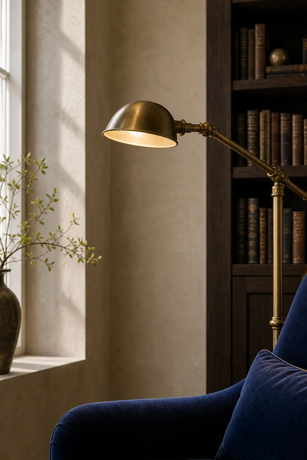 Catching the light with burnished metals in the finished reading corner