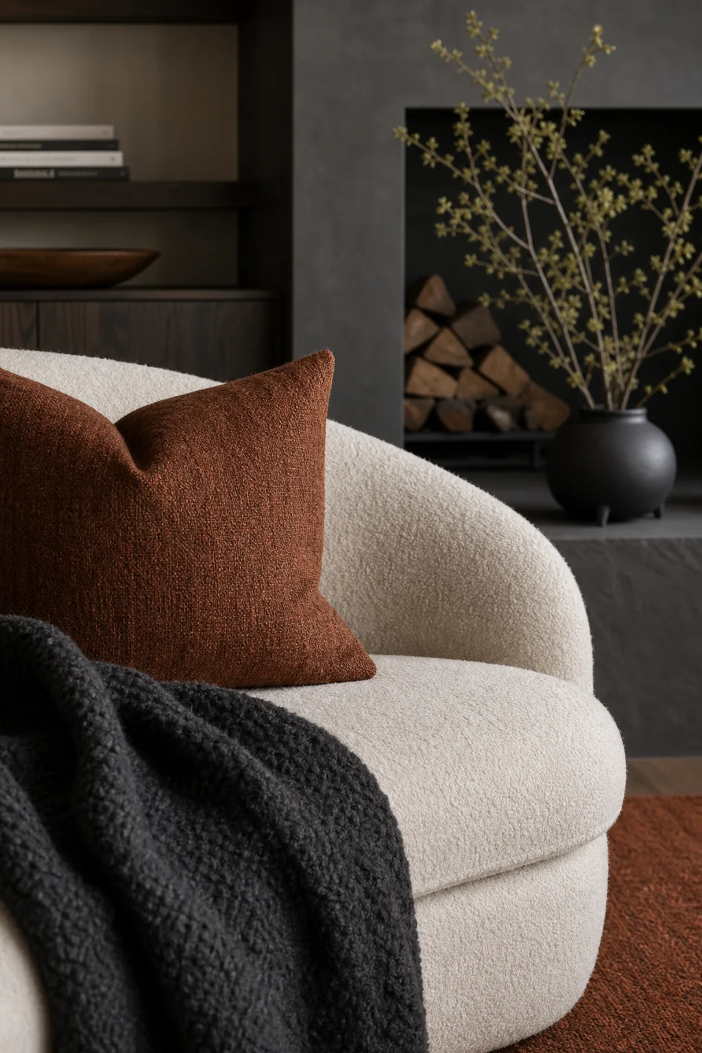 Balancing soot and ember tones in the finished living room