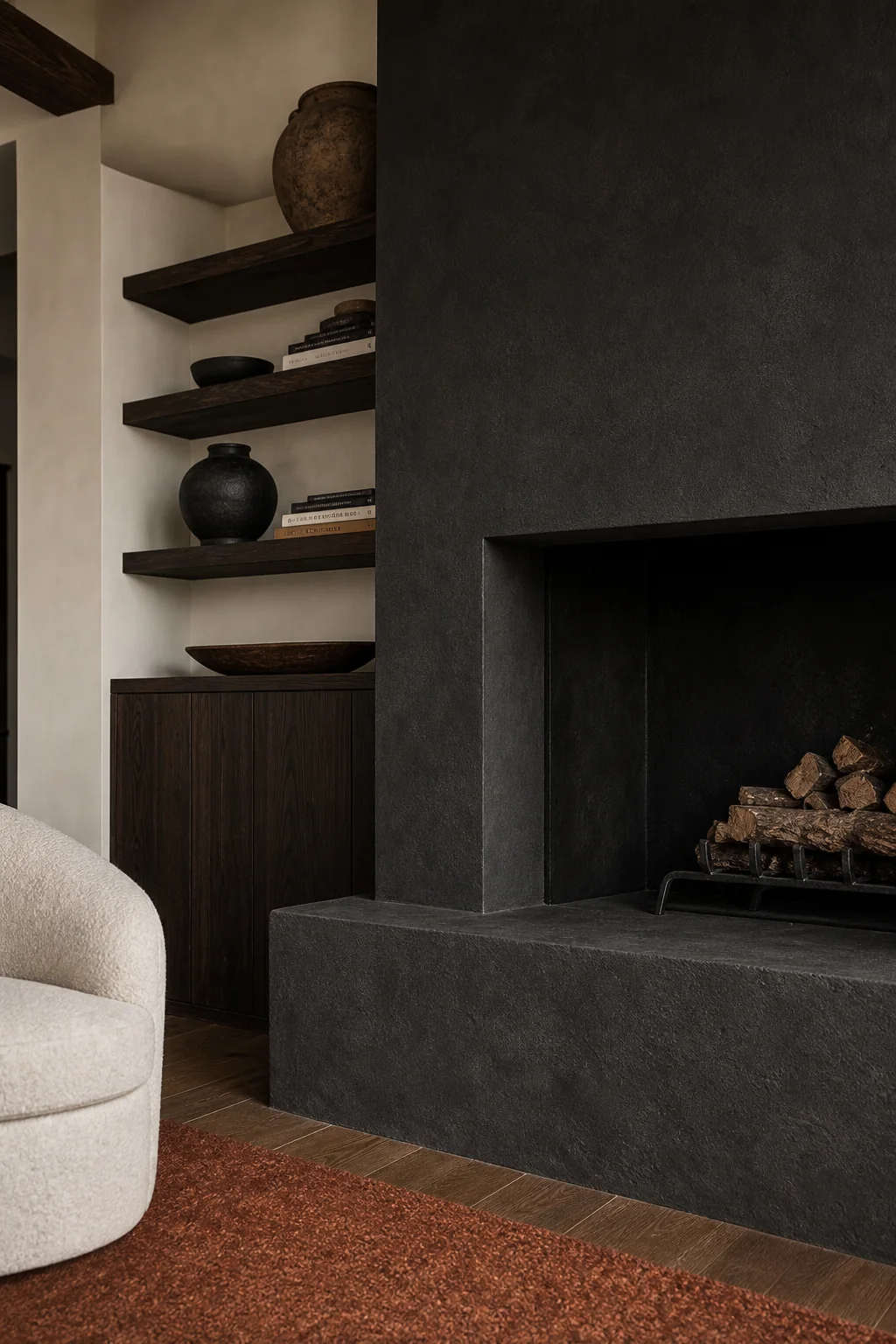 Anchoring the room with monolithic weight in the finished living room