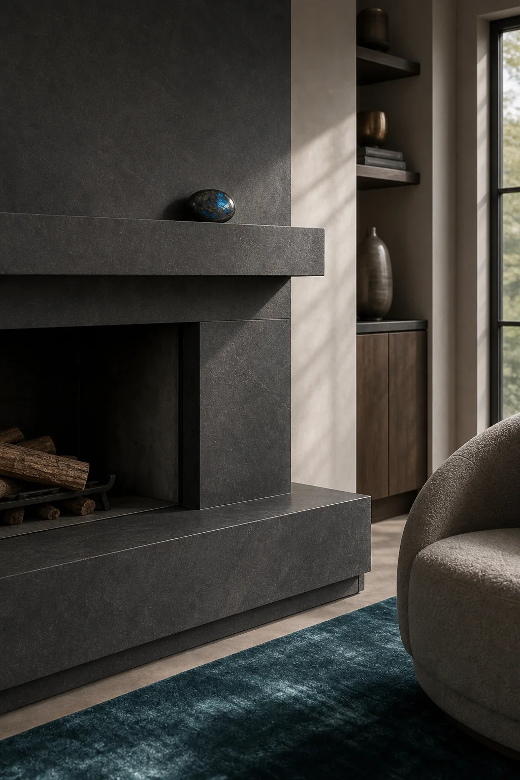 Grounding the Space in Charcoal Basalt in the finished living room