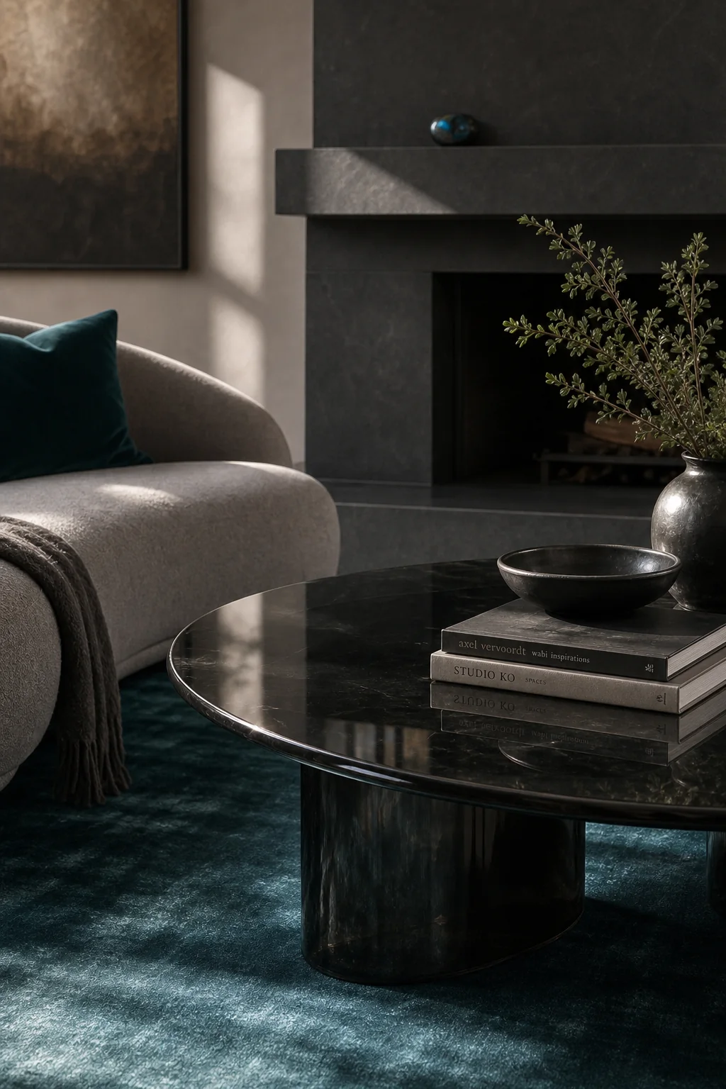 Balancing High Gloss with Matte Linen in the finished living room