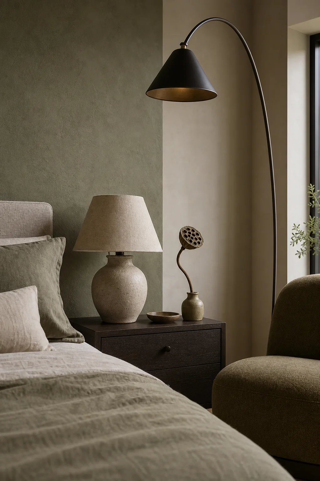 Layering papery and porous finishes in the finished primary bedroom