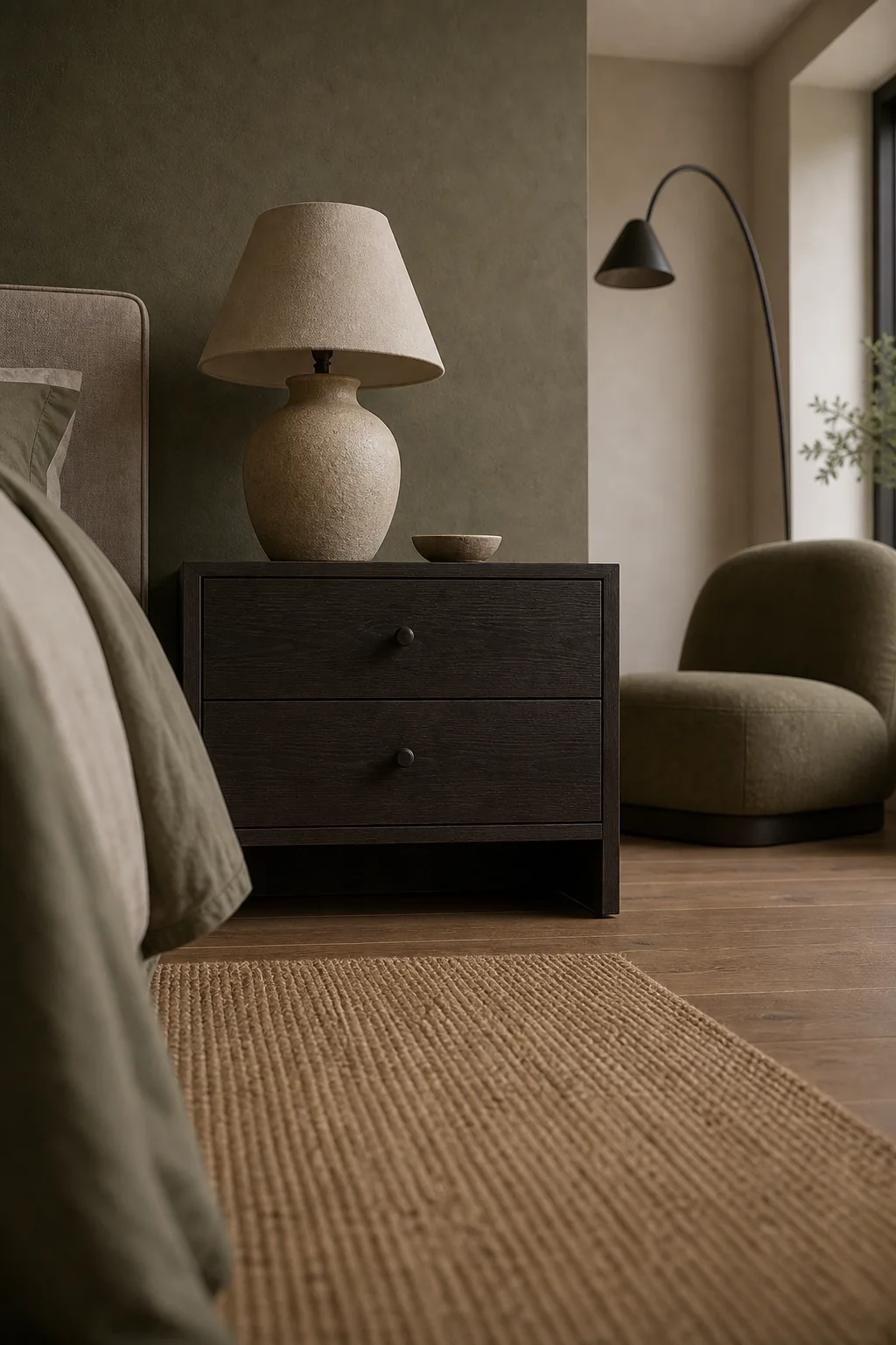 Anchoring with dark voids in the finished primary bedroom
