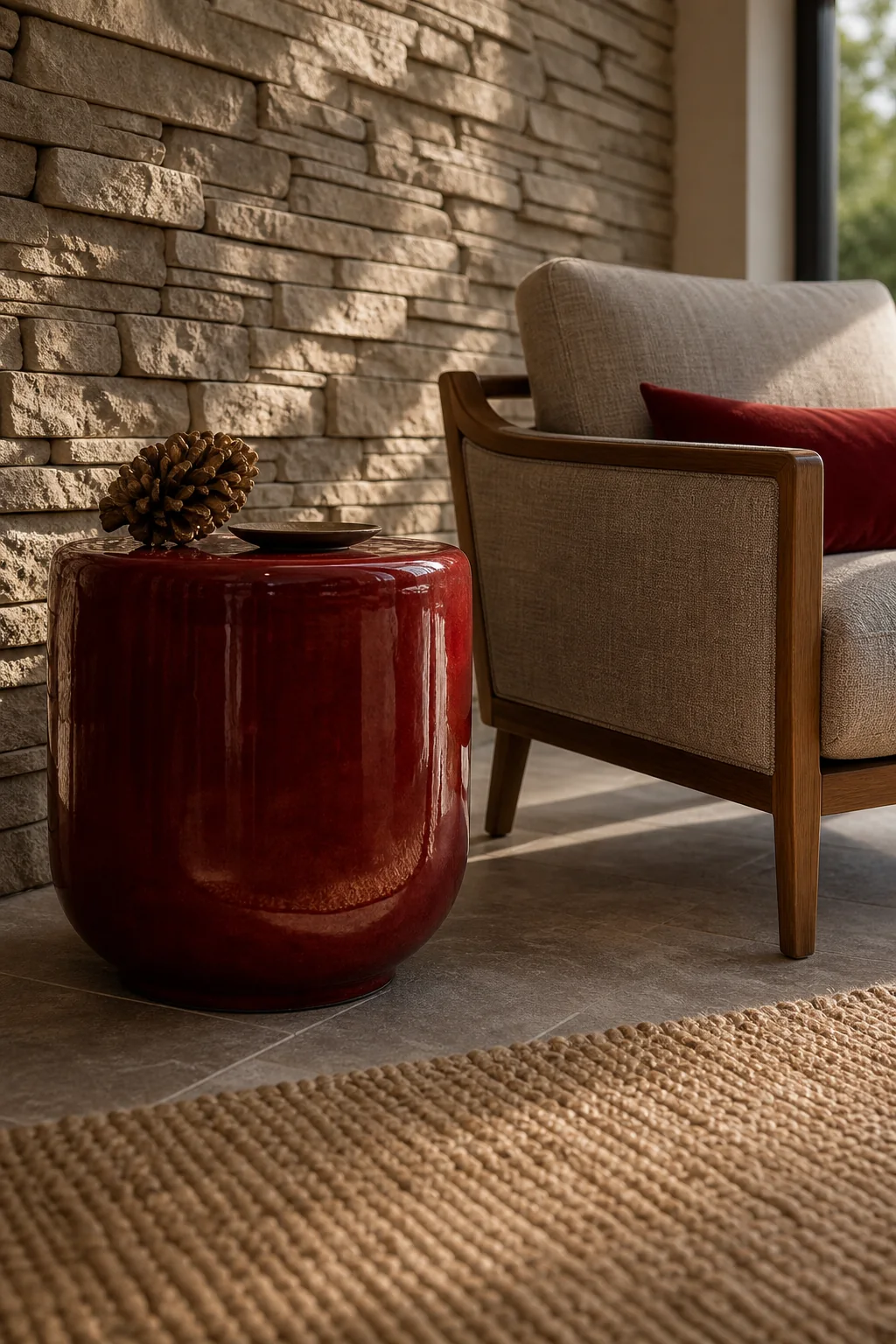 High-gloss scarlet accents in the finished sunroom