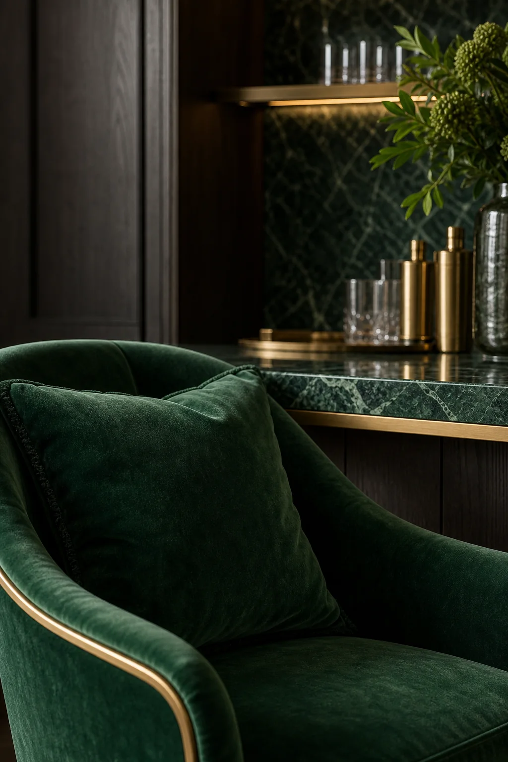Activating the Niche with Deep Emerald in the finished home bar