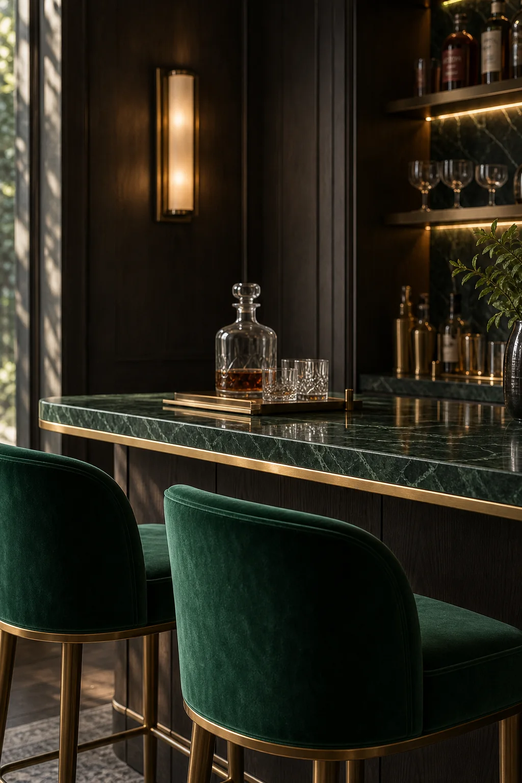 Softening the Architecture with Velvet in the finished home bar