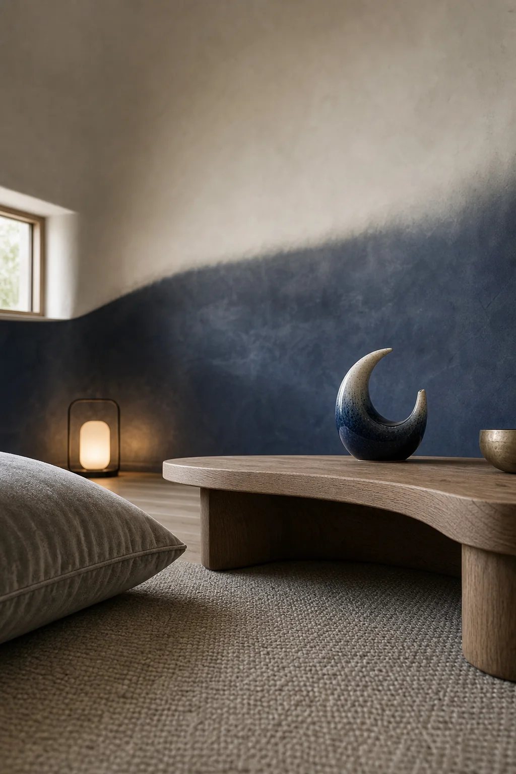 The soft gradient transition in the finished meditation corner