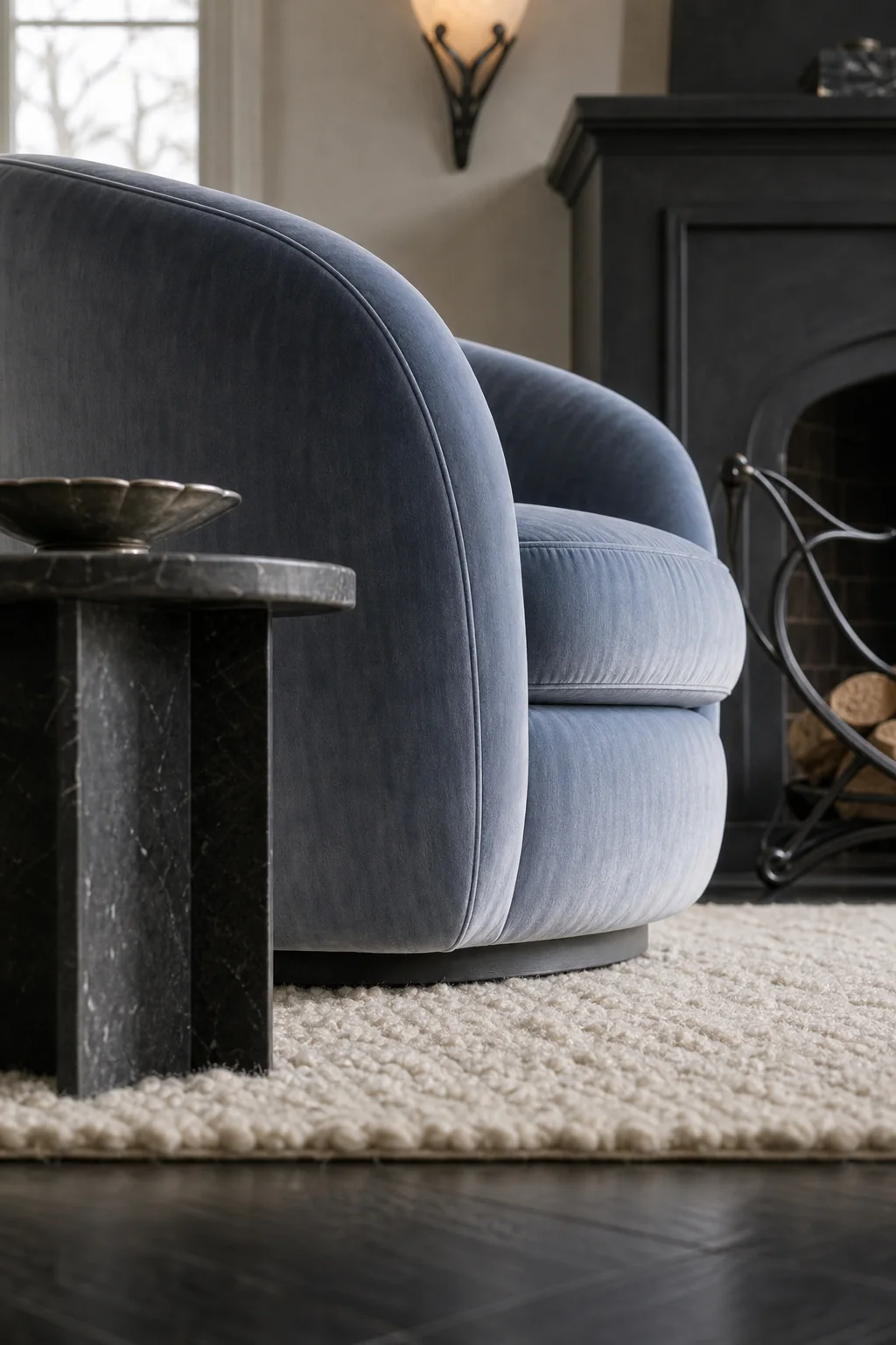 Softening the Hearth with Velvet in the finished living room
