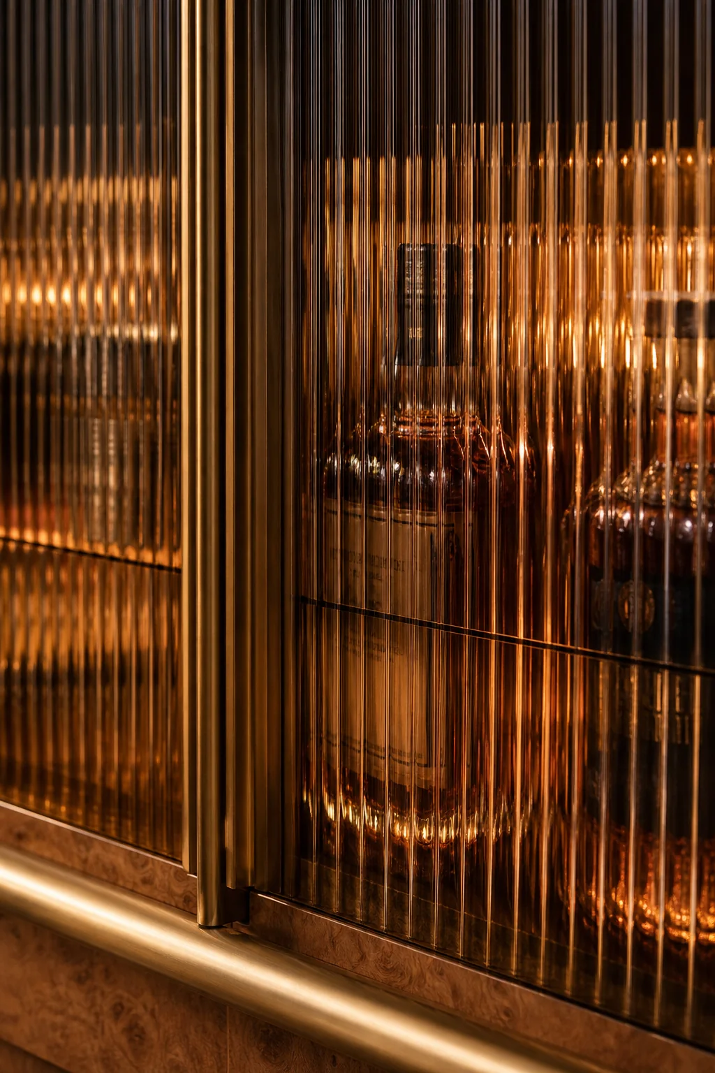 Distorting light through fluted amber glass in the finished cocktail corner