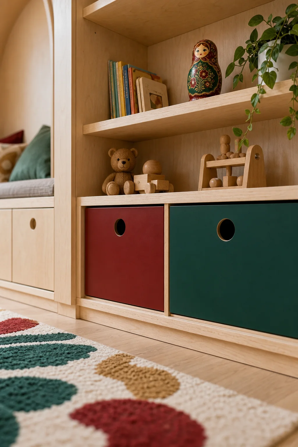Color-Blocked Storage Cubbies in the finished kids playroom
