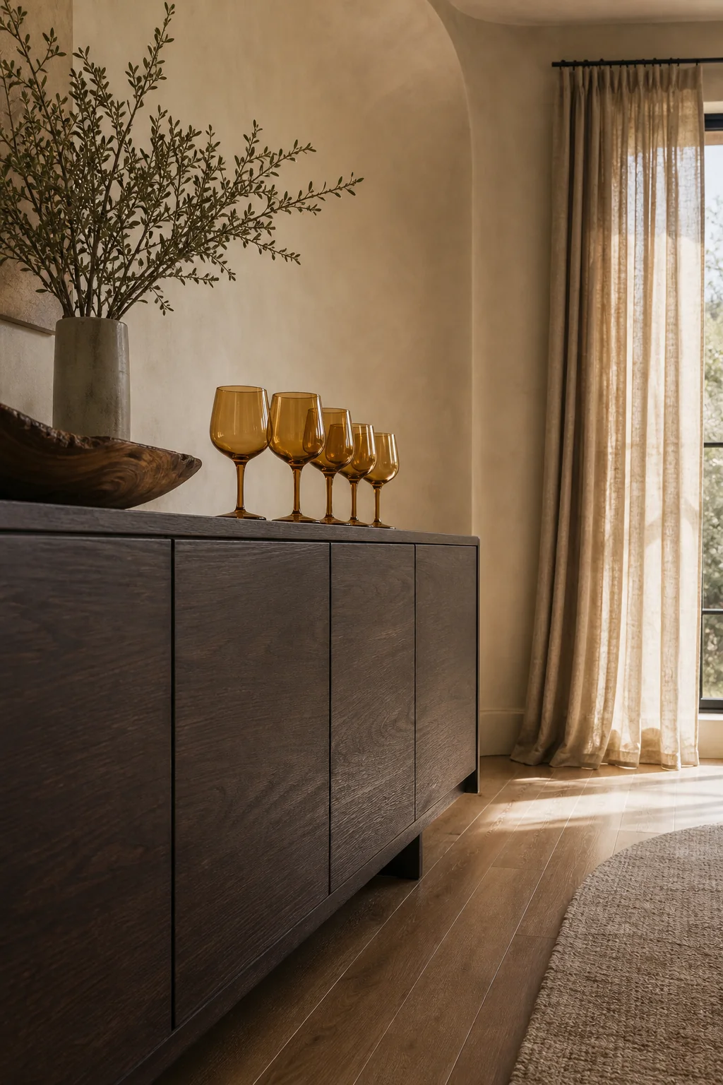 Catching the light with amber in the finished formal dining room
