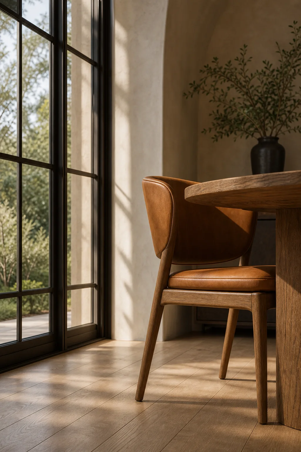 Patinated bronze accents in the finished dining room
