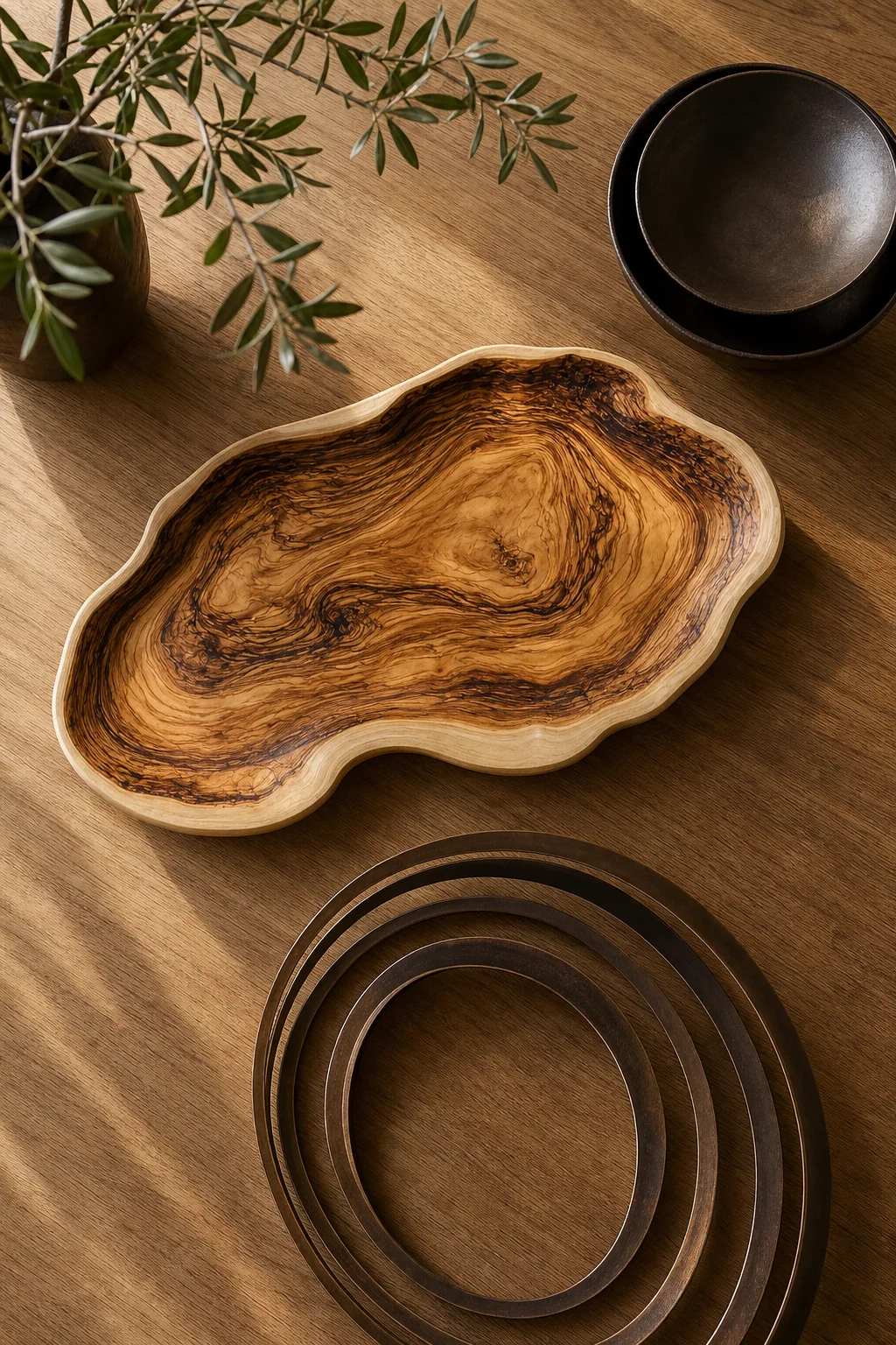Echoing topographical grain swirls in the finished dining room