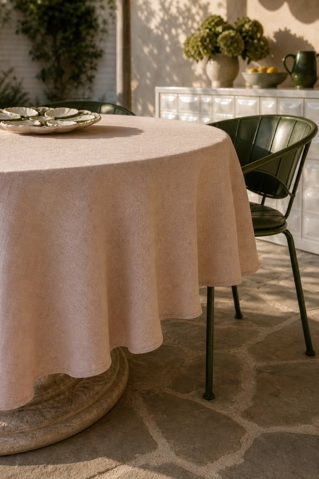 The blush linen drape in the finished outdoor dining room
