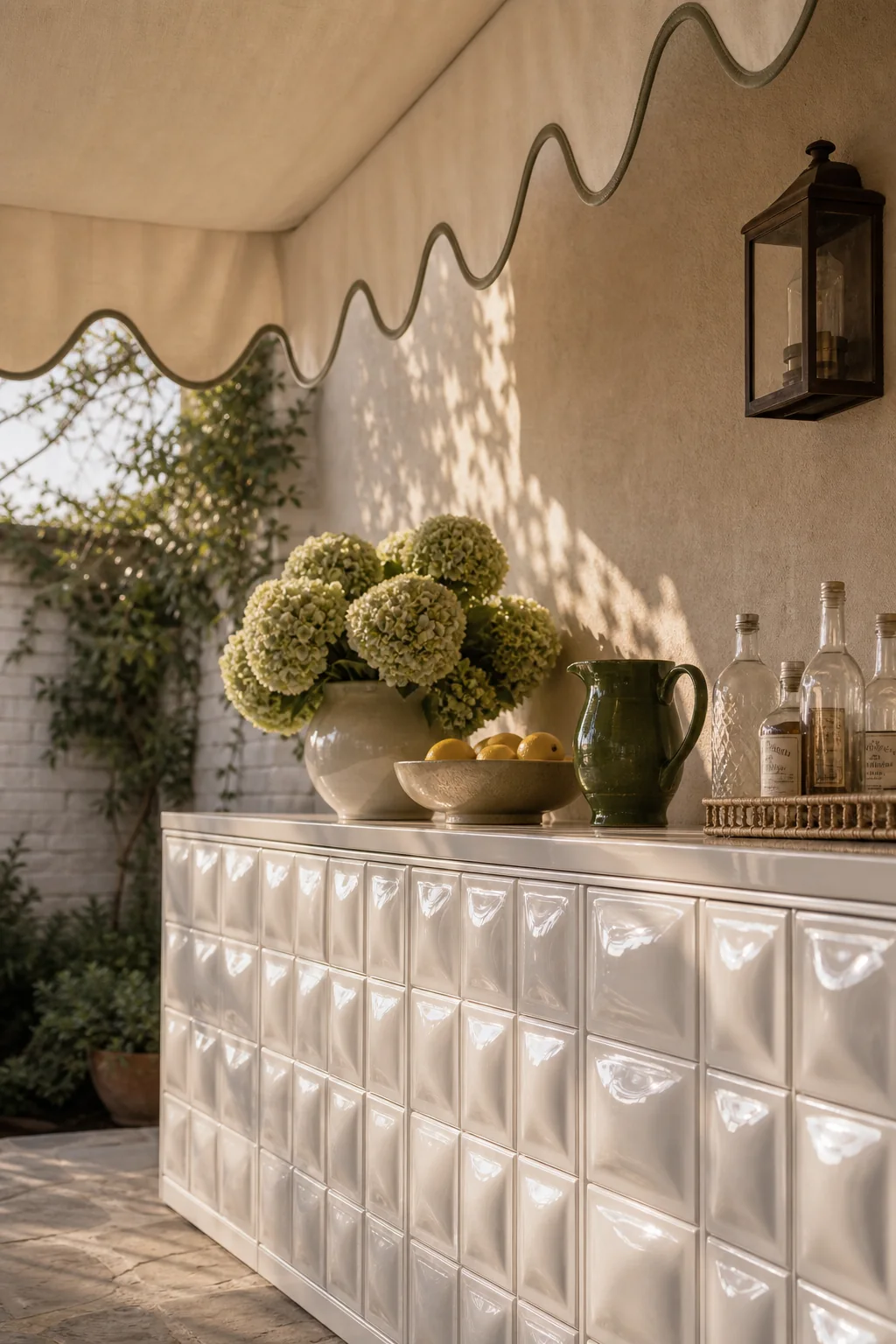 Glazing the serving console in the finished outdoor dining room
