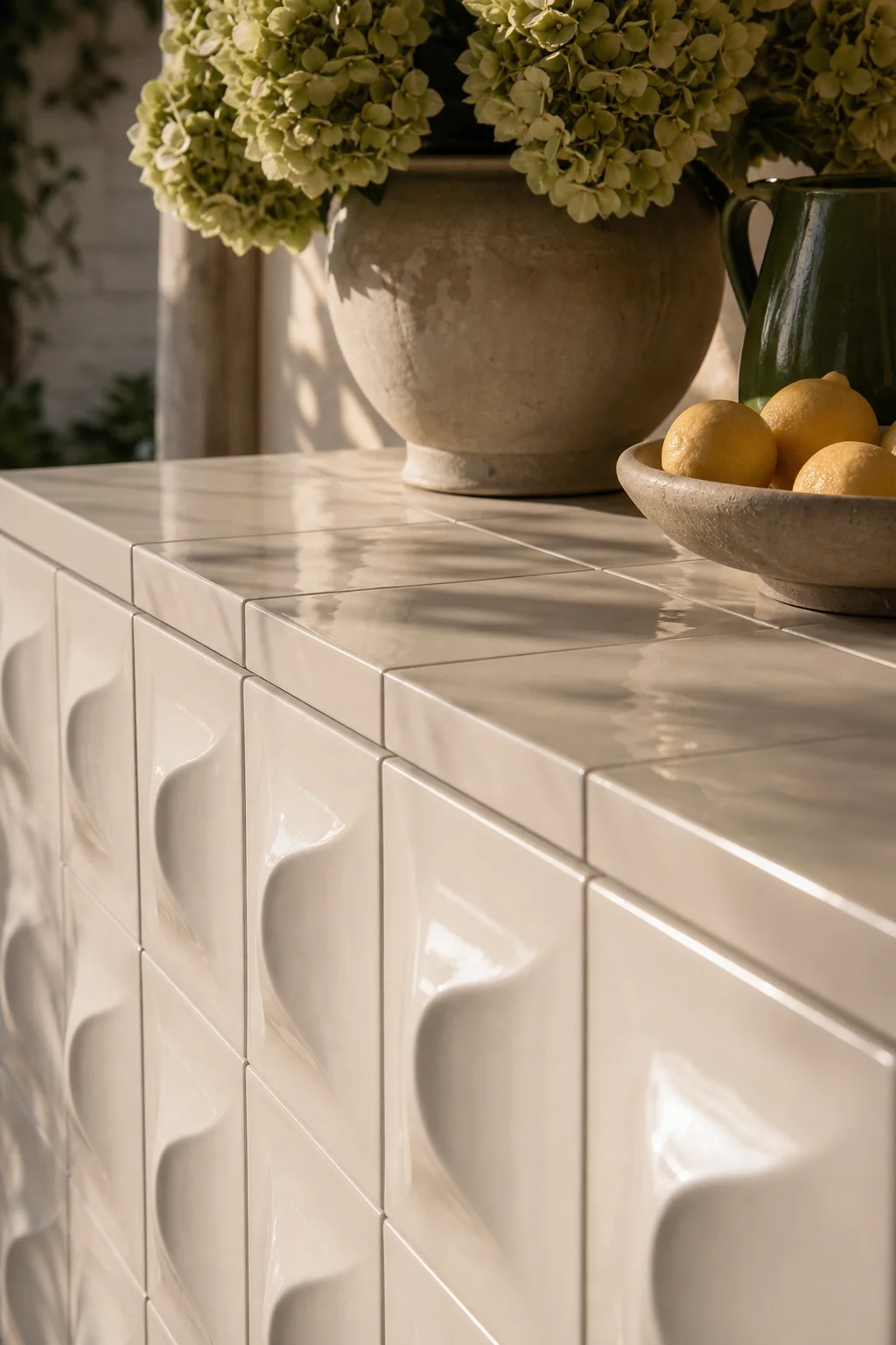 The tiled console surface in the finished outdoor dining room