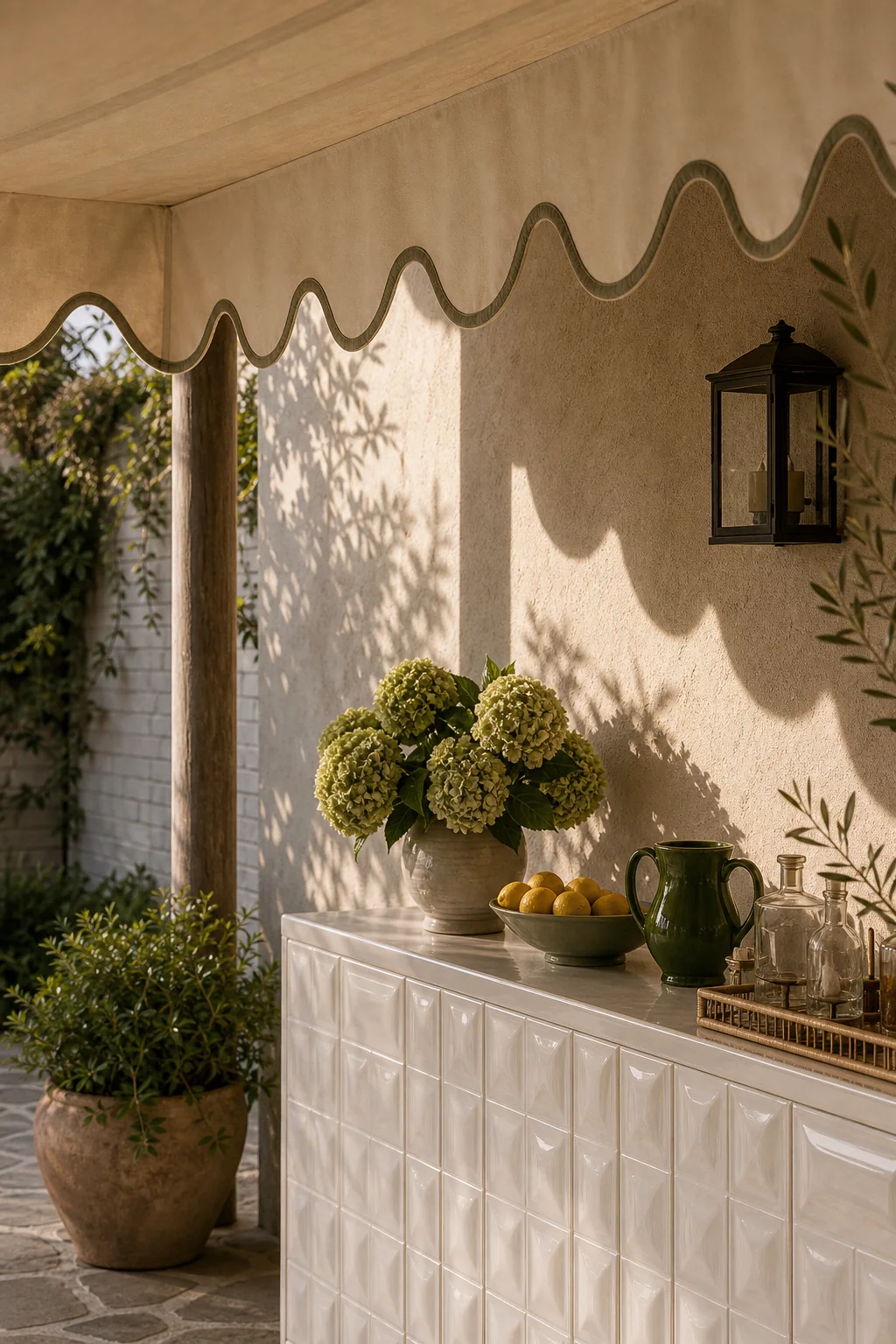 Setting the scalloped stage in the finished outdoor dining room