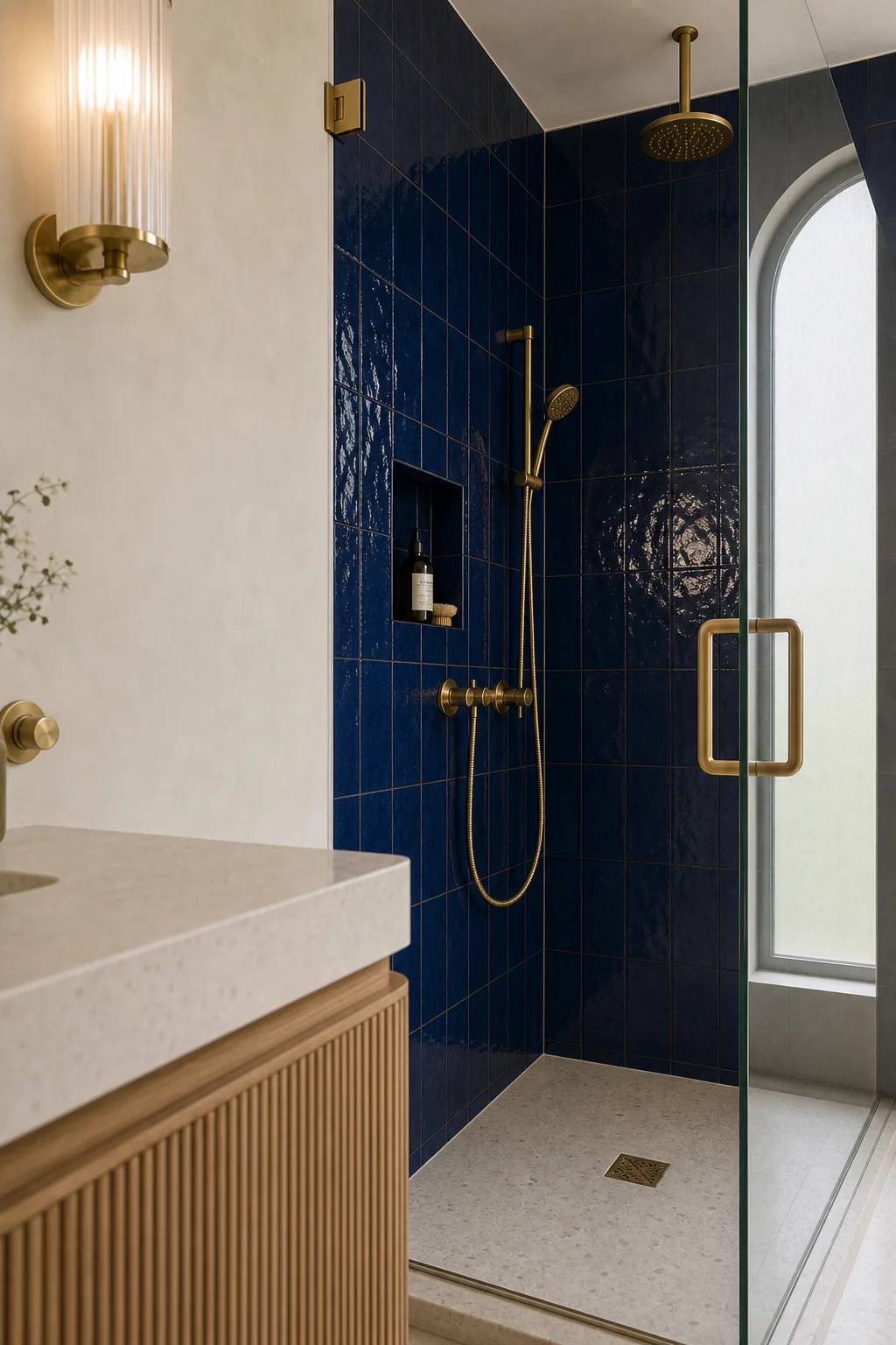 Anchoring the space in deep enamel in the finished en suite bathroom