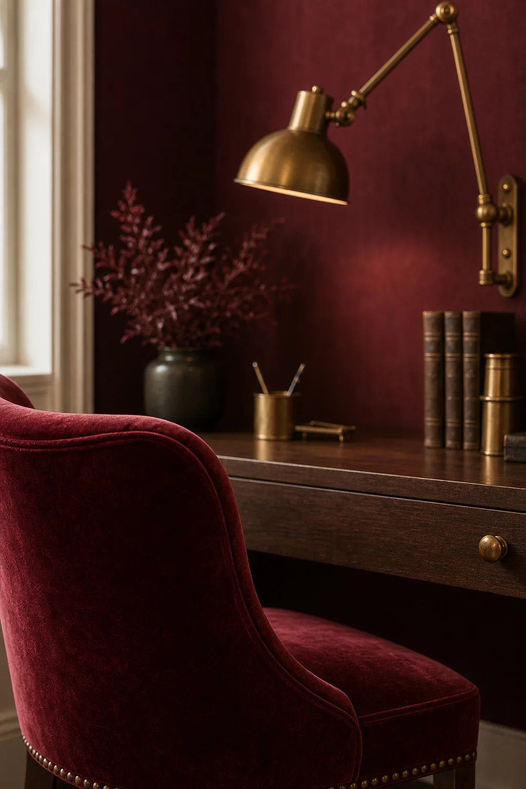 Balancing deep crimson and aged brass in the finished writing desk alcove