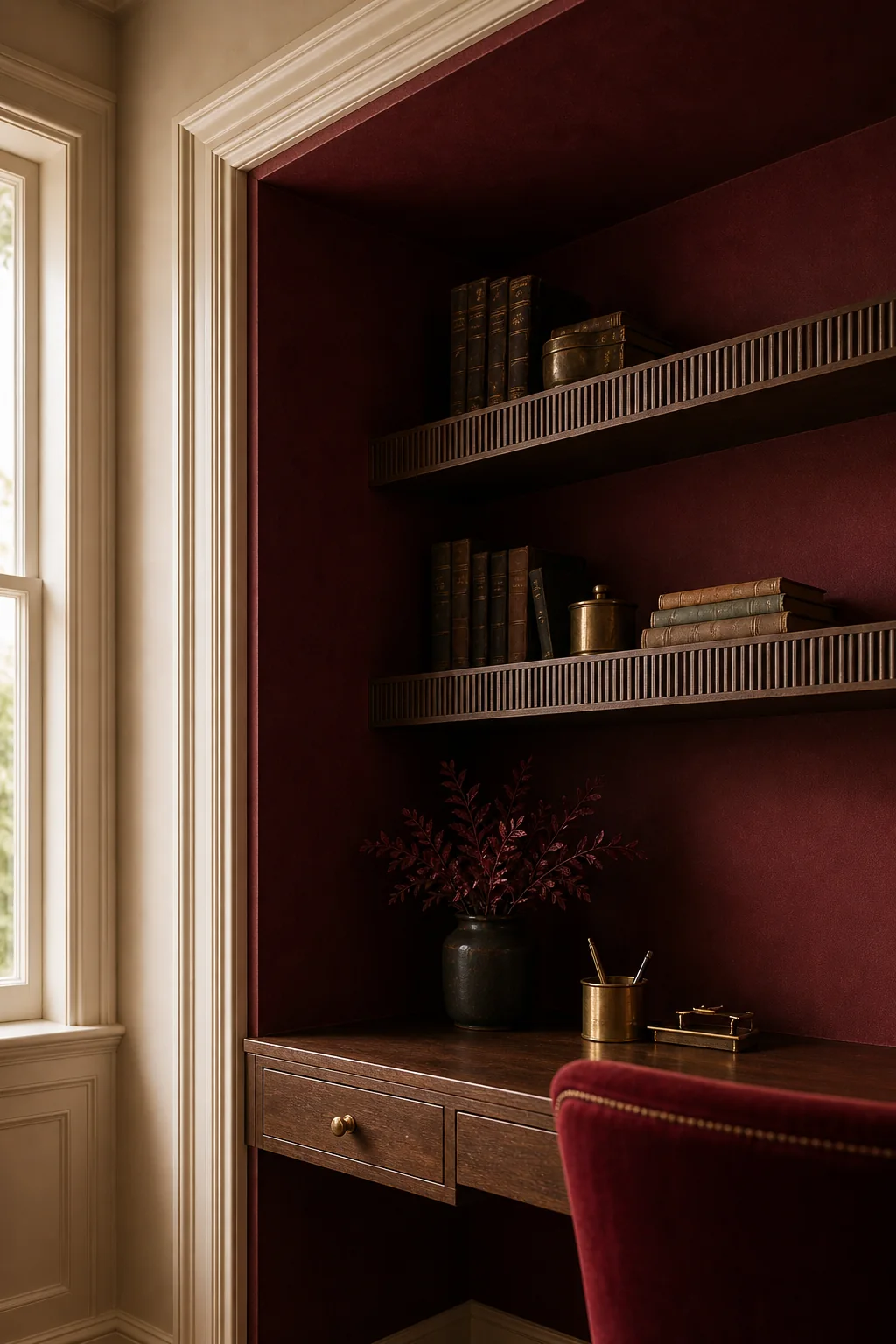 Carving out a protective crimson void in the finished writing desk alcove