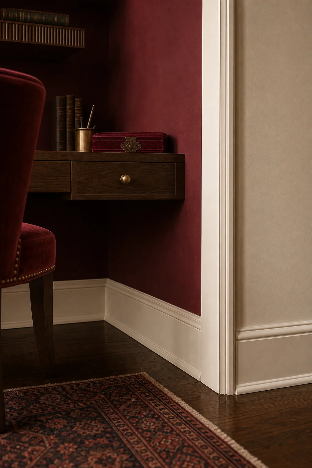 The sharp sepia boundary in the finished writing desk alcove