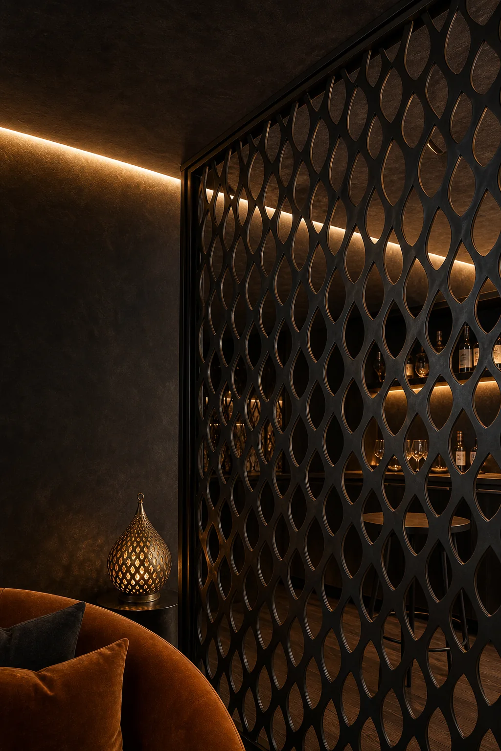 Translating Pierced Metal in the finished basement lounge