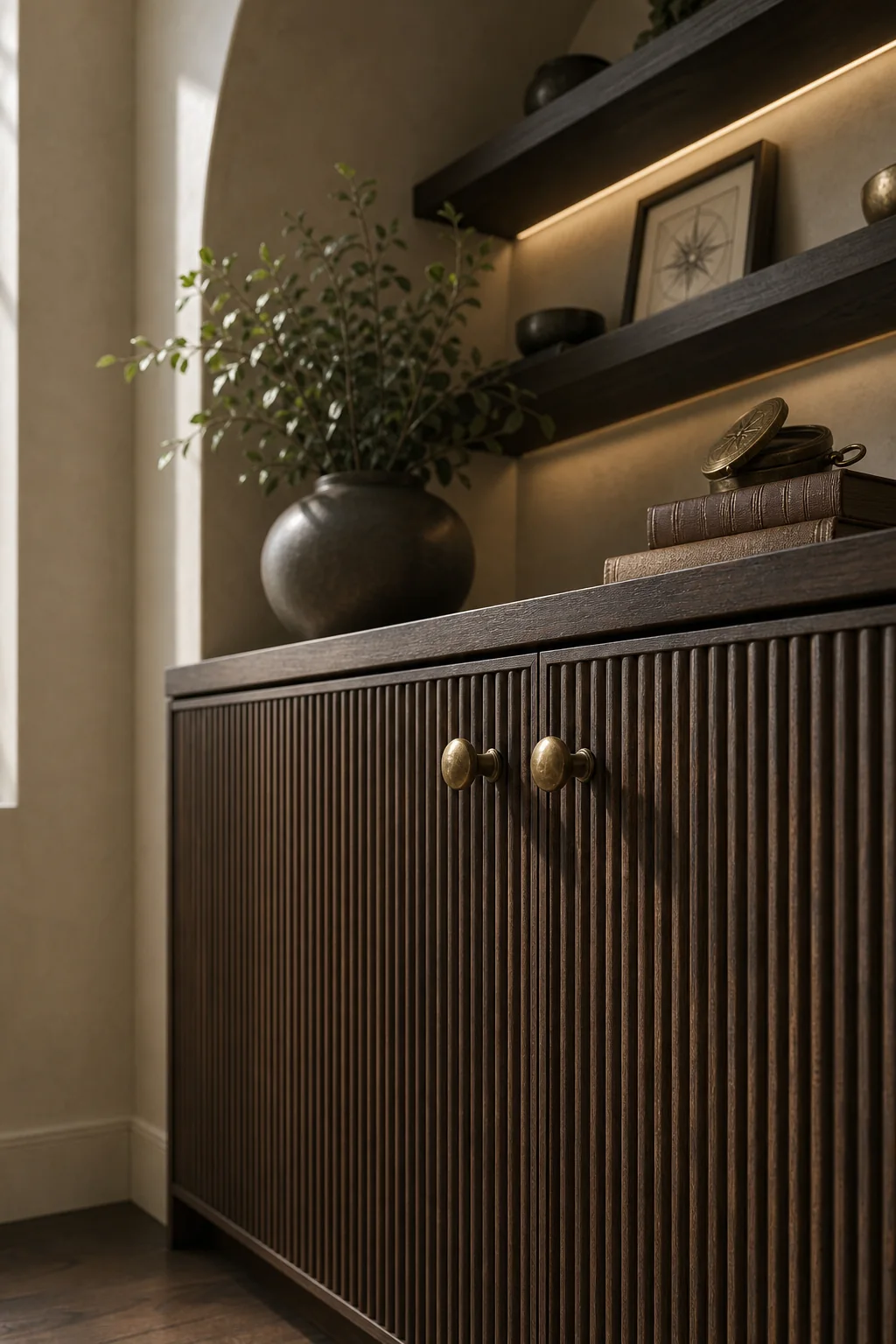 Translating etched metal to reeded wood in the finished display nook