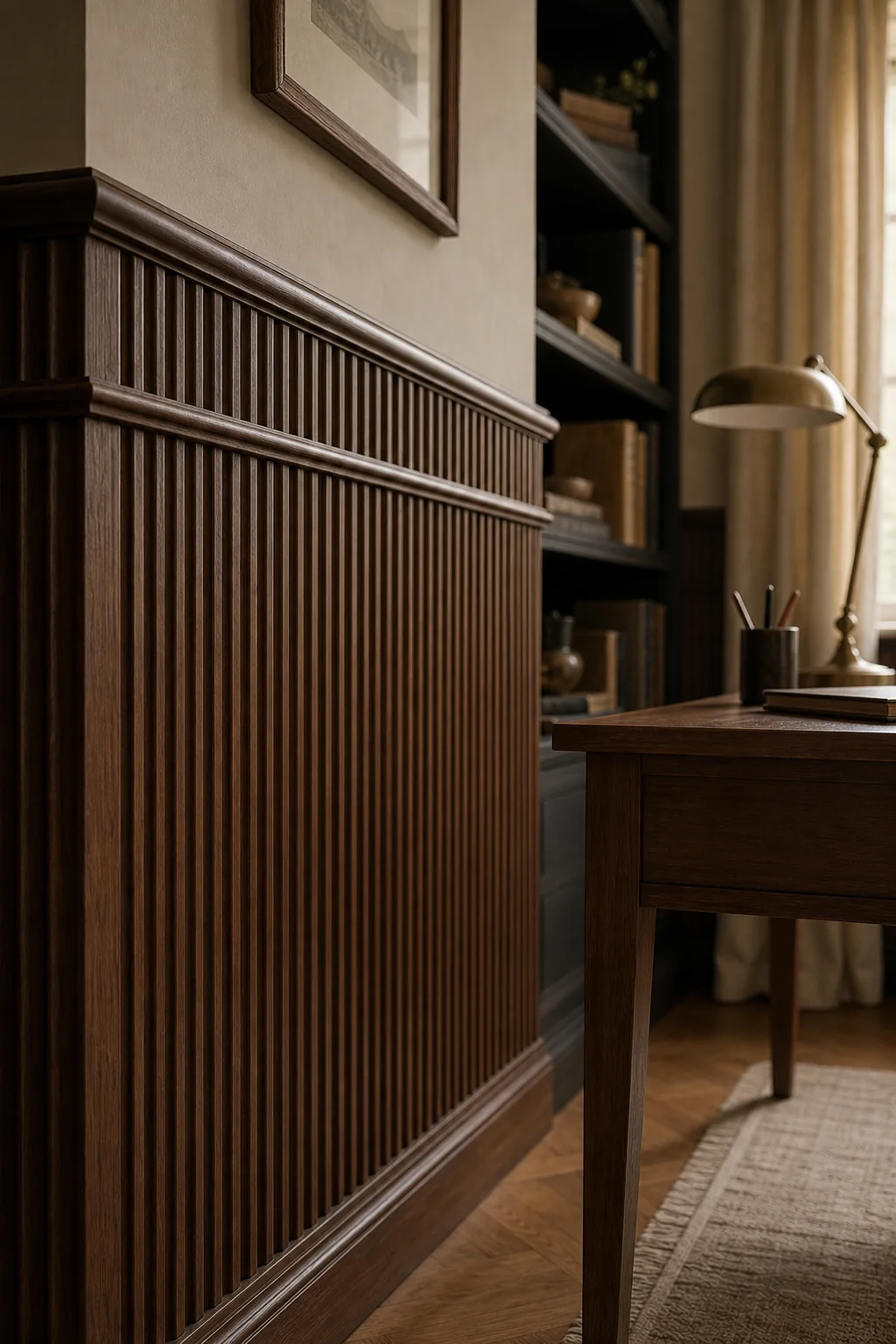 Grounding the room in carved walnut in the finished study
