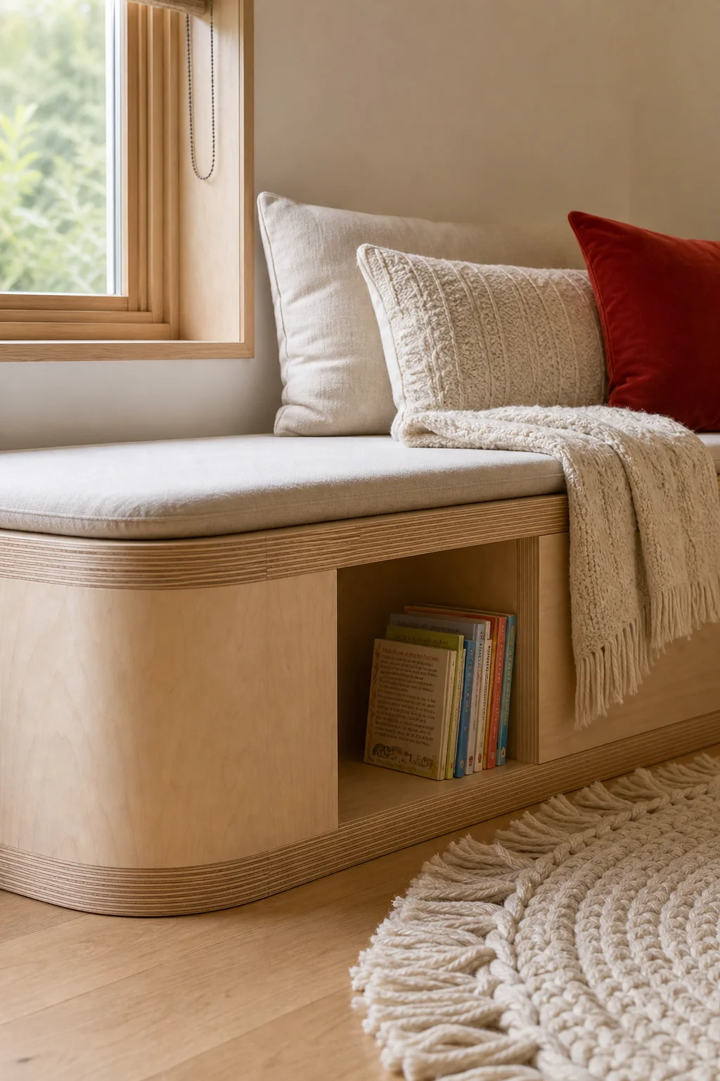 Grounding the Room in Warm Birch Volumes in the finished nursery reading corner