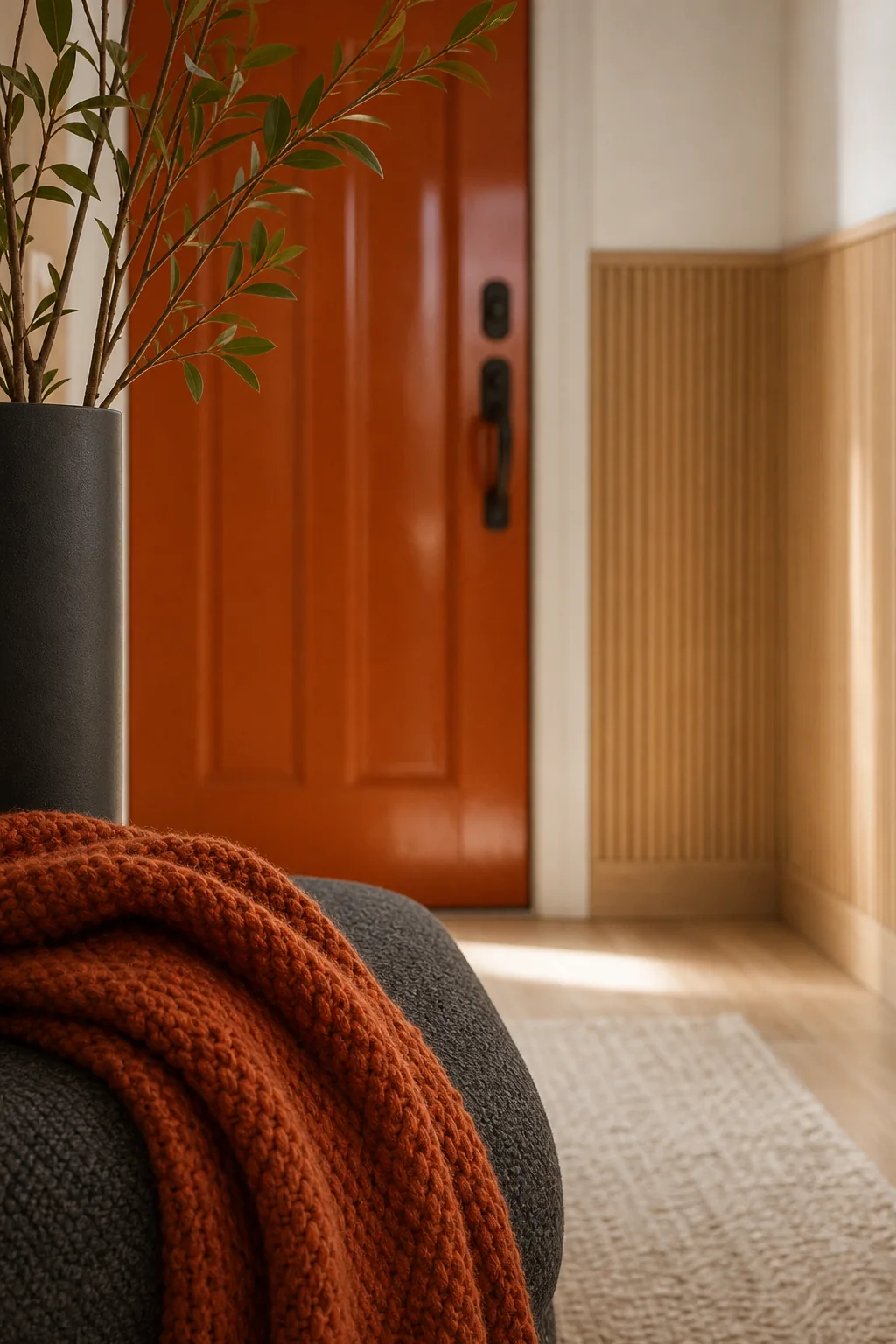 Anchoring the room with glossy warmth in the finished entryway